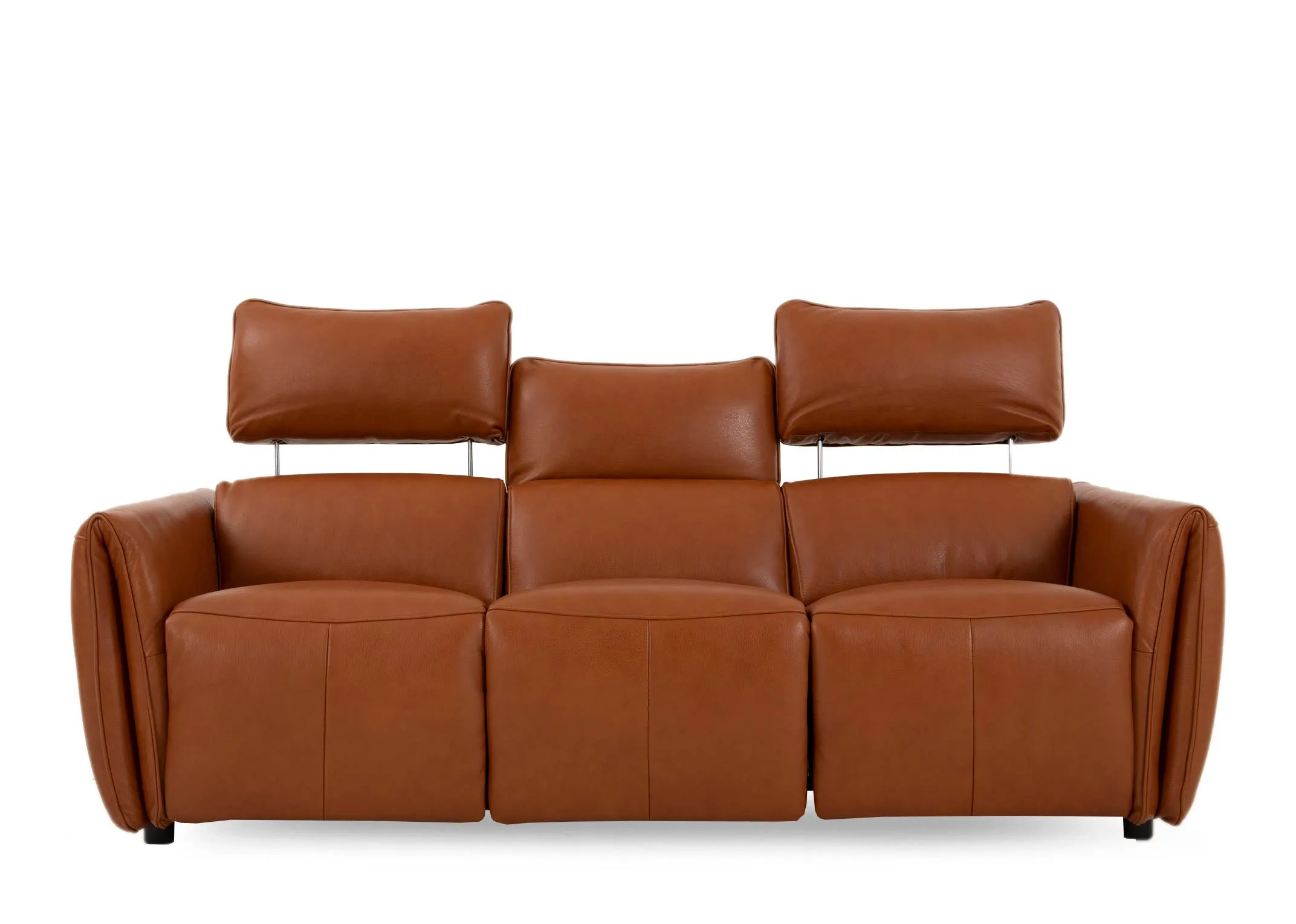 A tan leather 3 seater power reclining sofa from EZ Livings Icon range.Front view of extemdable headrests