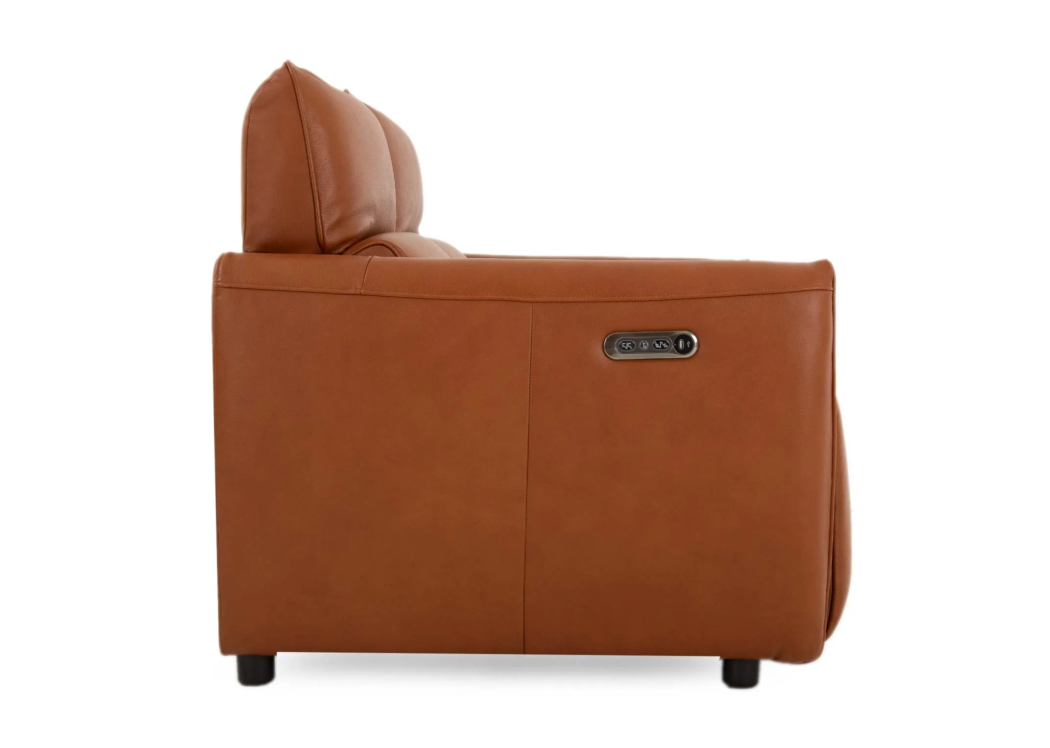 A tan leather 3 seater power reclining sofa from EZ Livings Icon range. Side view shows dark feet