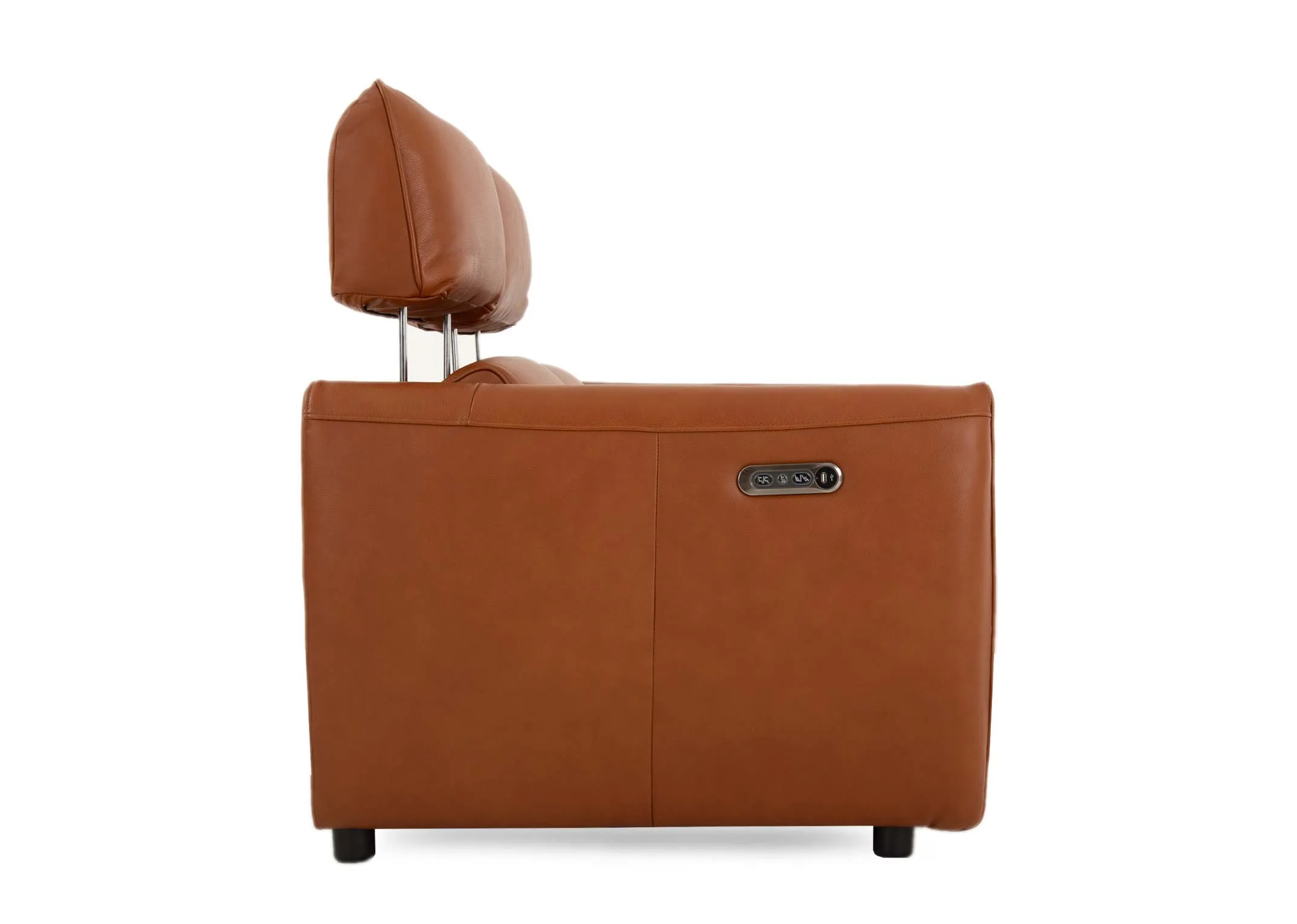 A tan leather 2 seater power reclining sofa from EZ Livings Icon range. Side view of raised