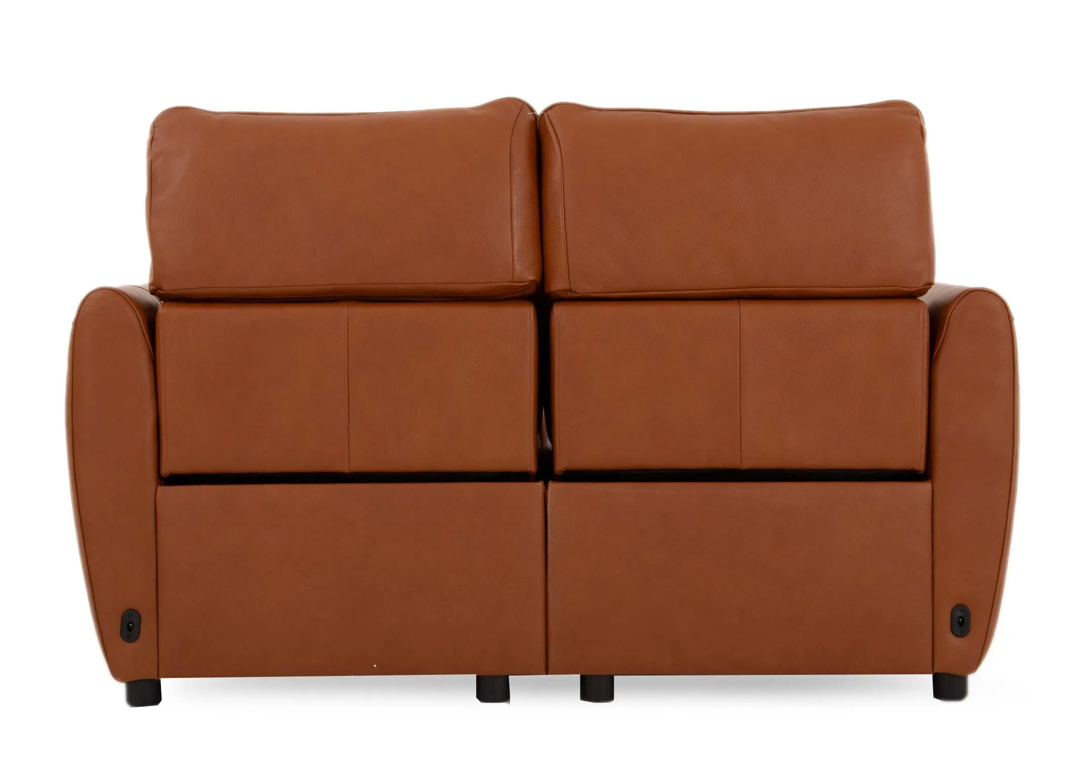 A tan leather 2 seater power reclining sofa from EZ Livings Icon range. Back view of warrantied frames