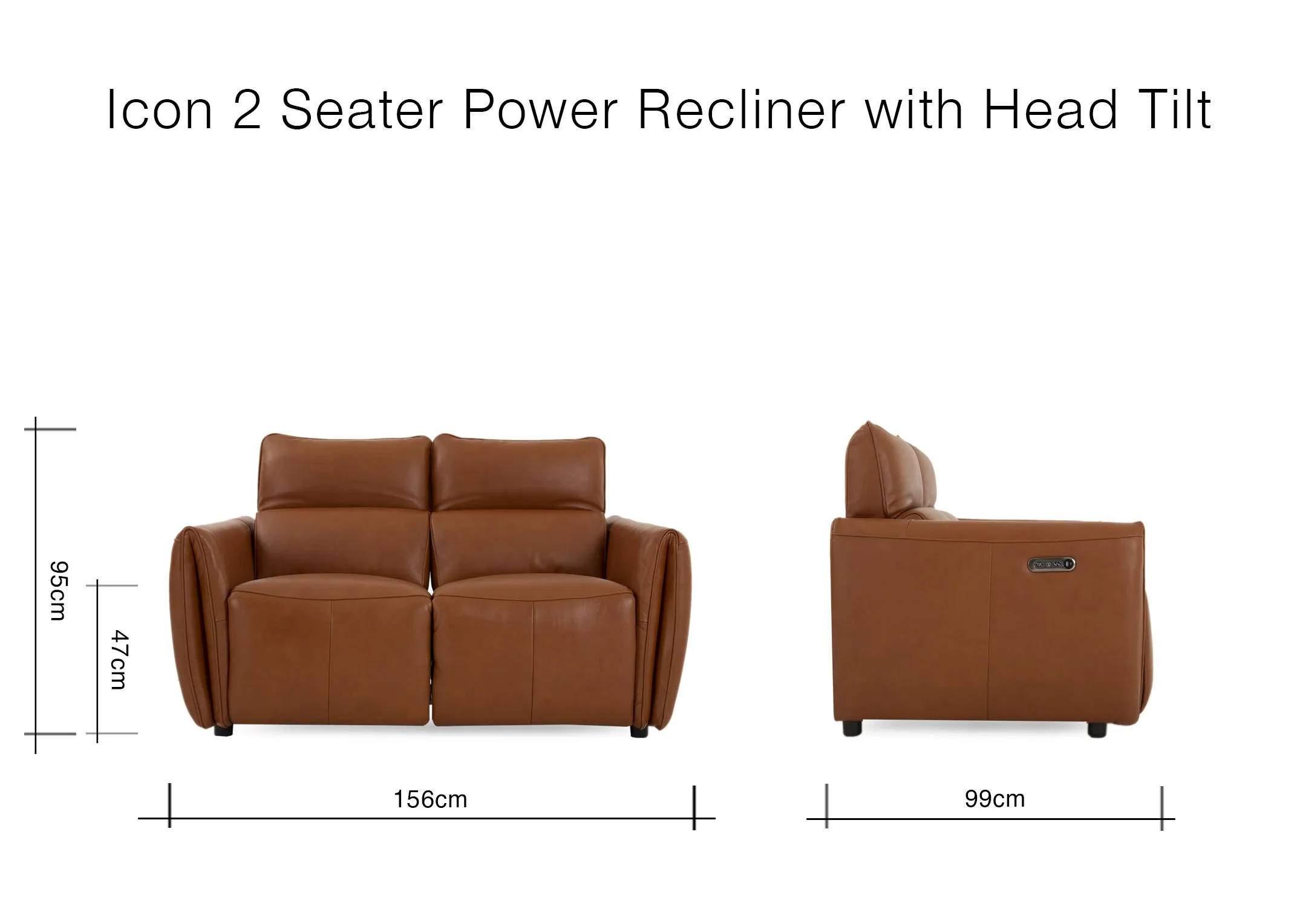 A dimension image of the Icon Brown Leather 2 Seater with 158cm x 95cm x 99cm