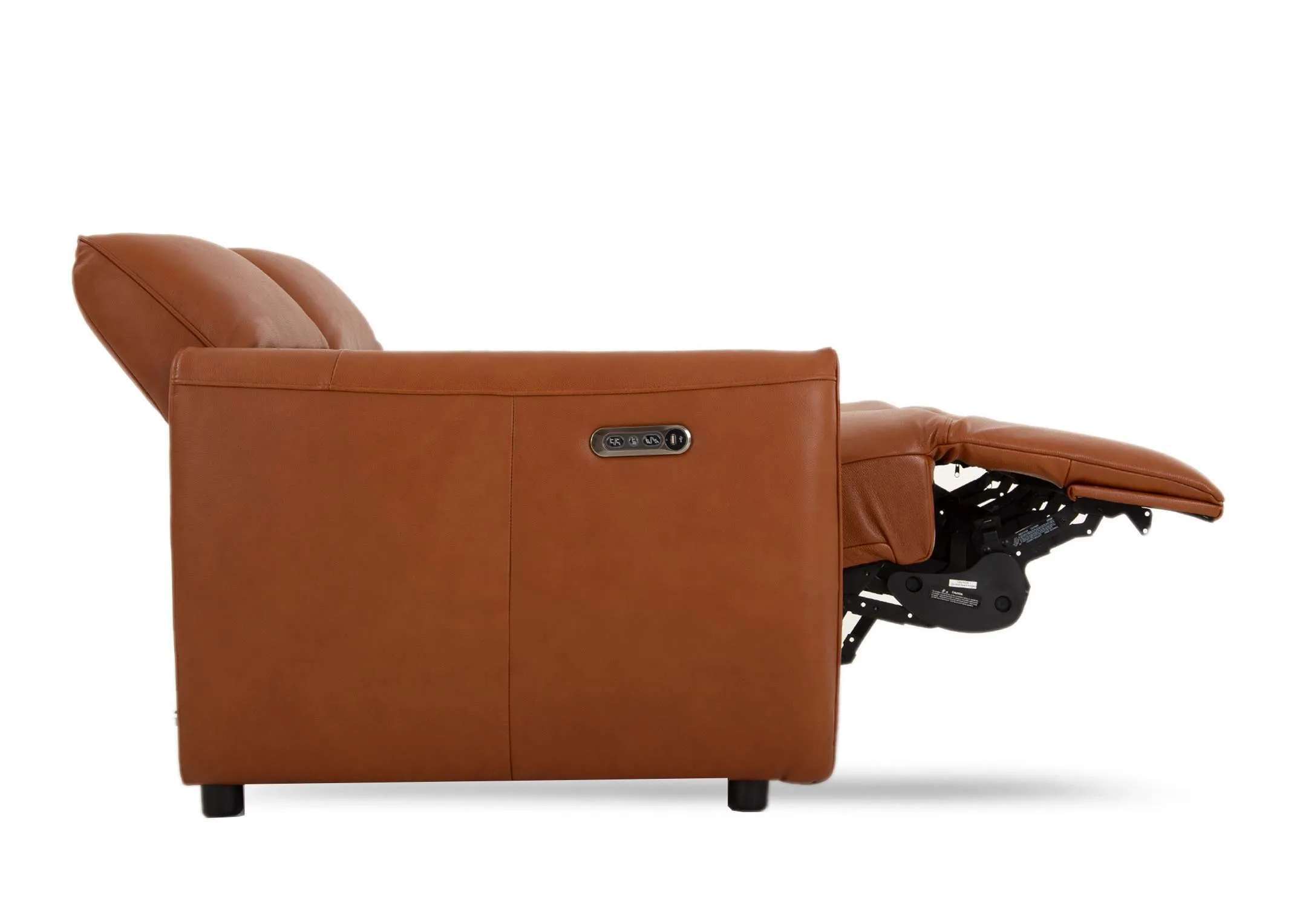 A tan leather 2 seater power reclining sofa from EZ Livings Icon range. Side view of reclined chair