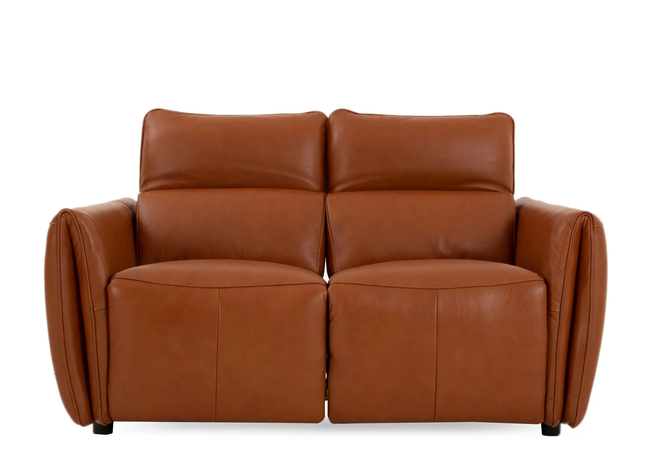 A tan leather 2 seater power reclining sofa from EZ Livings Icon range. Front view of padded seat and back cushion