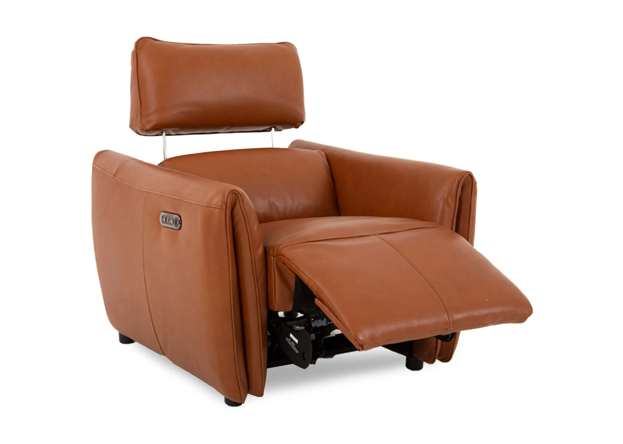 A tan leather power reclining sofa from EZ Livings Icon range. Closeup of power buttons