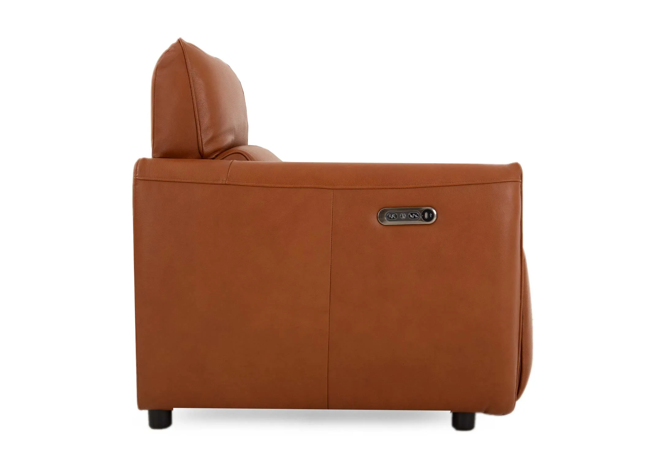 A tan leather power reclining sofa from EZ Livings Icon range. Front view of padded headrest