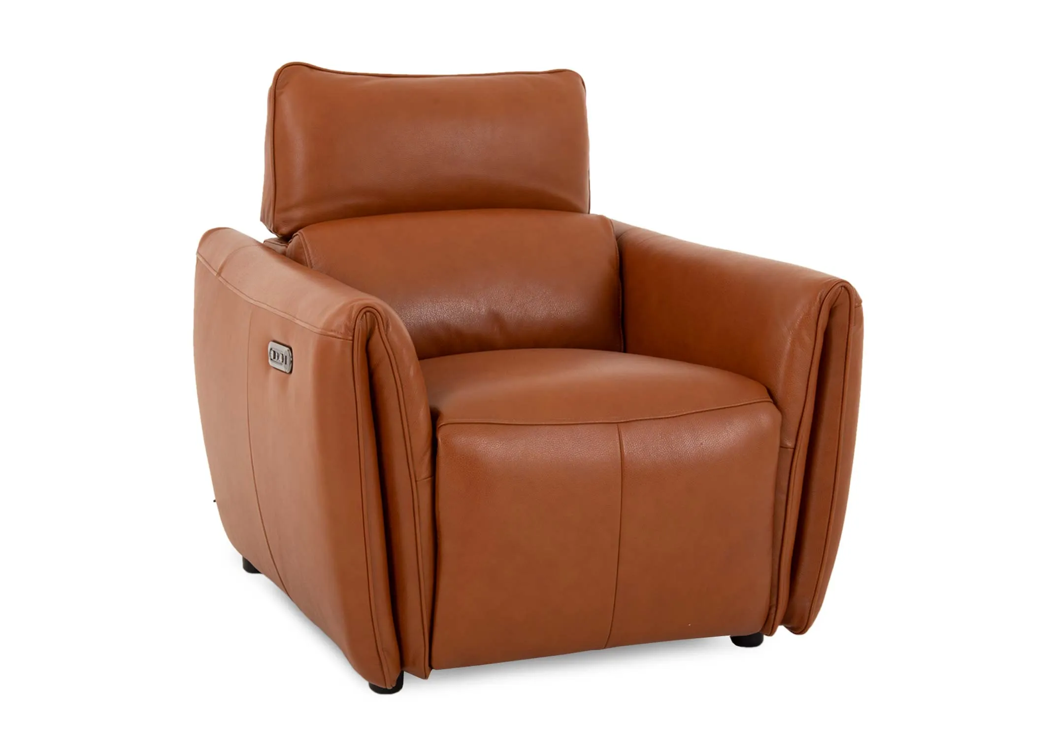 A tan leather power reclining sofa from EZ Livings Icon range. Angled view of armchair in fixed mode.