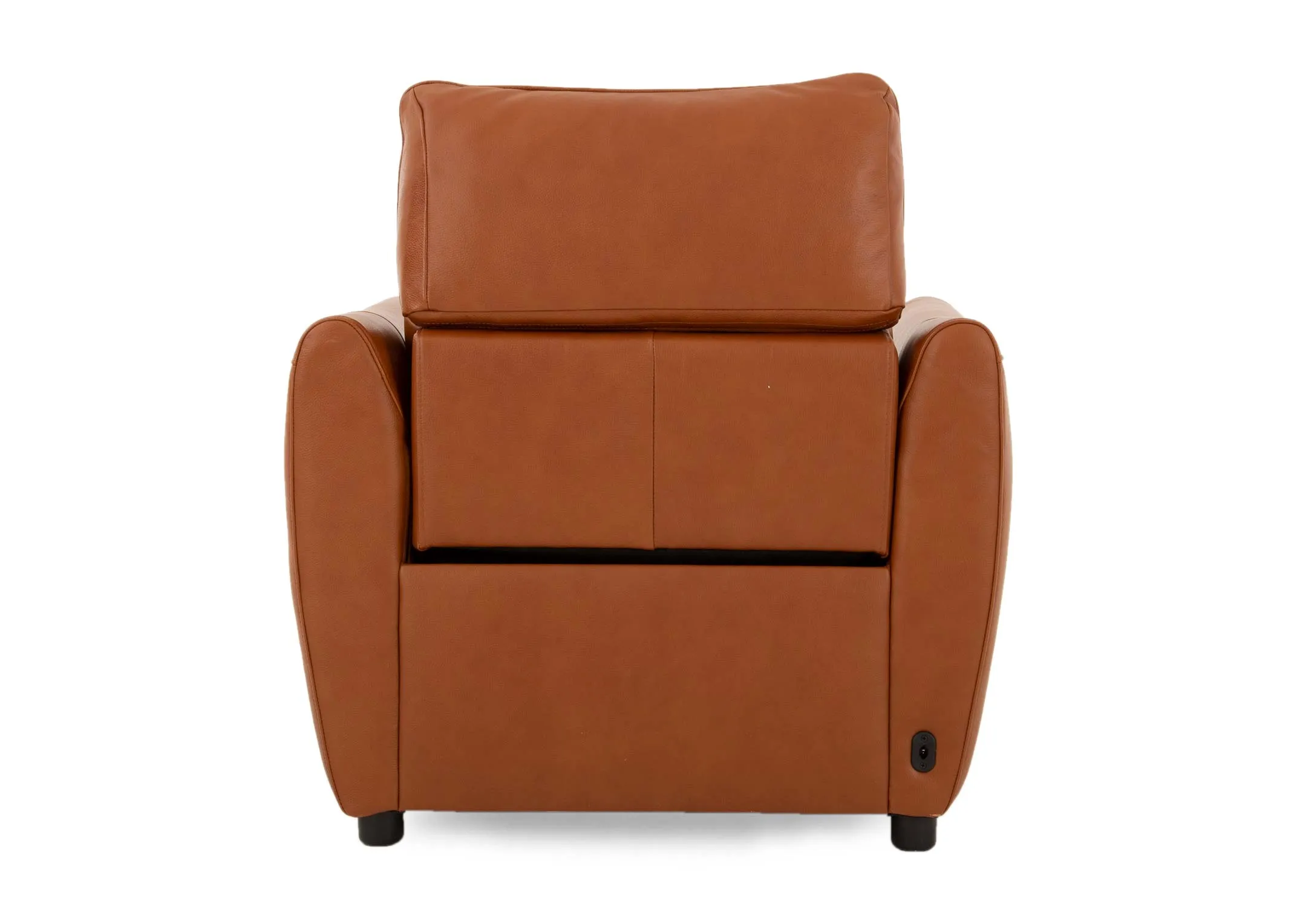 A tan leather power reclining sofa from EZ Livings Icon range. Back view of warrantied frame