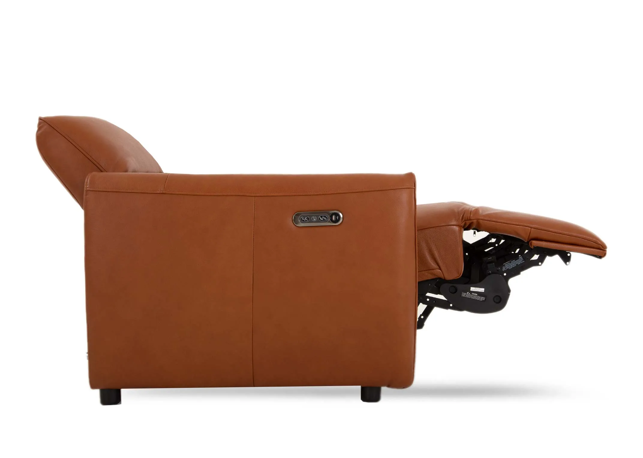 A tan leather power reclining sofa from EZ Livings Icon range. Side view of wide arms