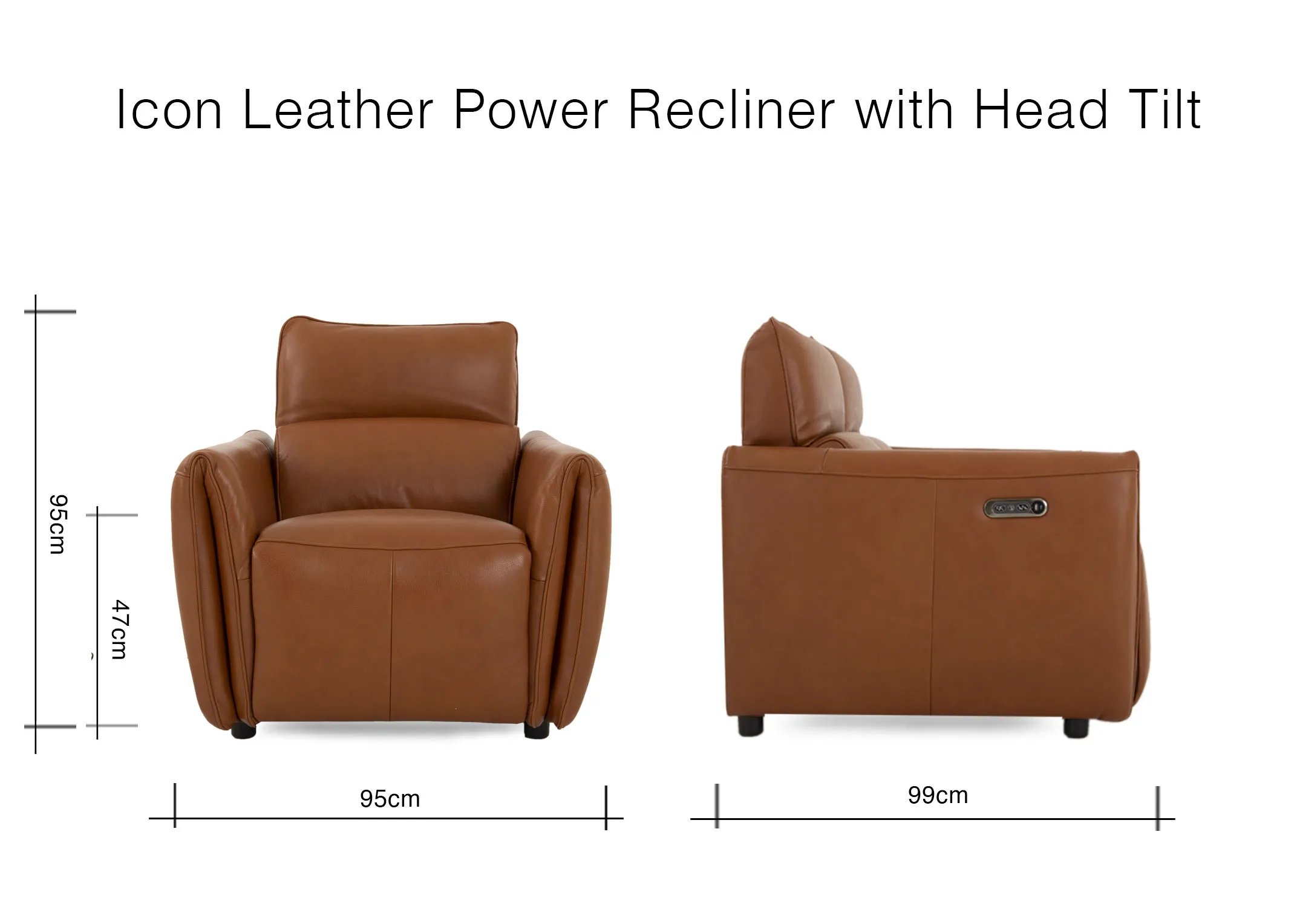A dimension image of the Icon Brown Power Recliner with 95cm x 99cm x 95cm