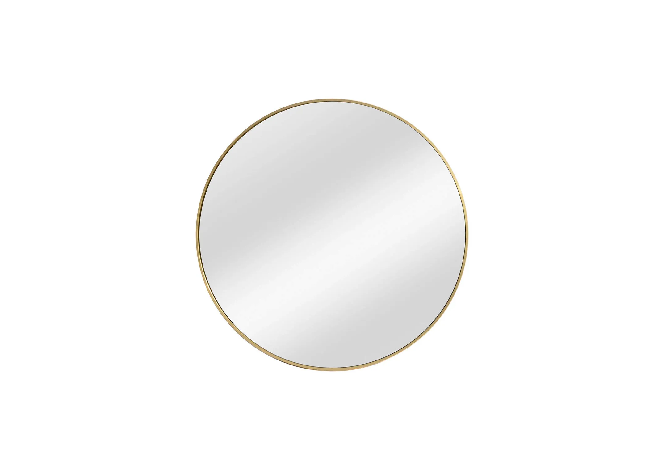 A large round mirror with gold frame from EZ Livings Elling range. Front view of gold frame