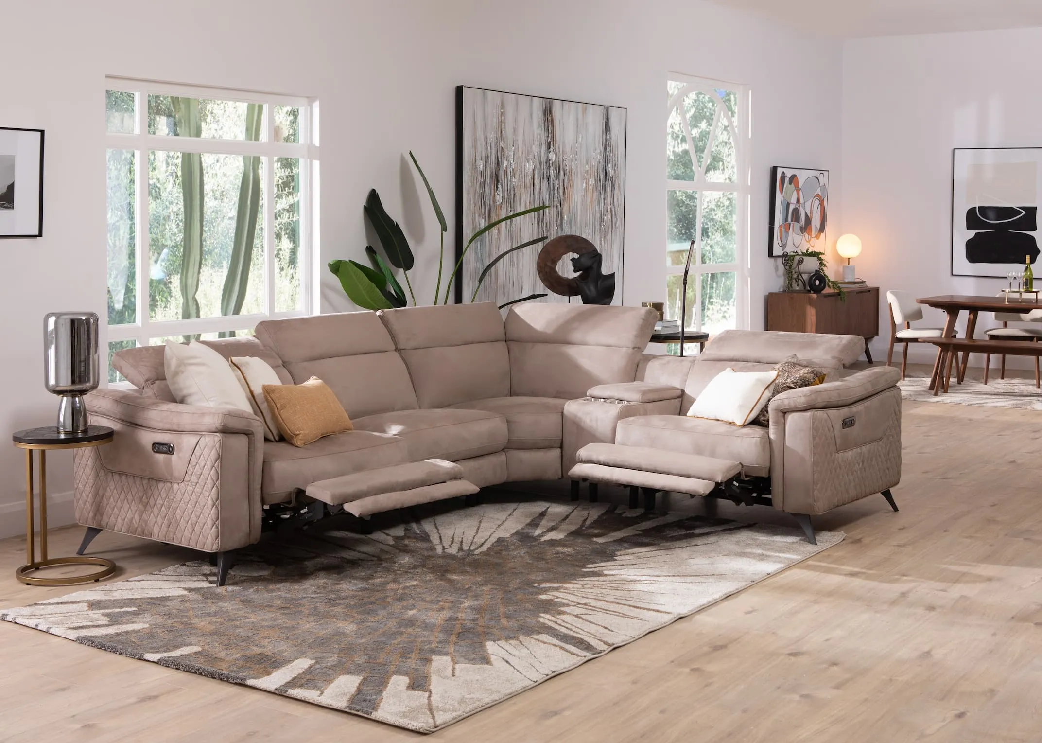 Taupe Fabric Power Reclining & Head Tilt RHF Corner Sofa - Bellissimo