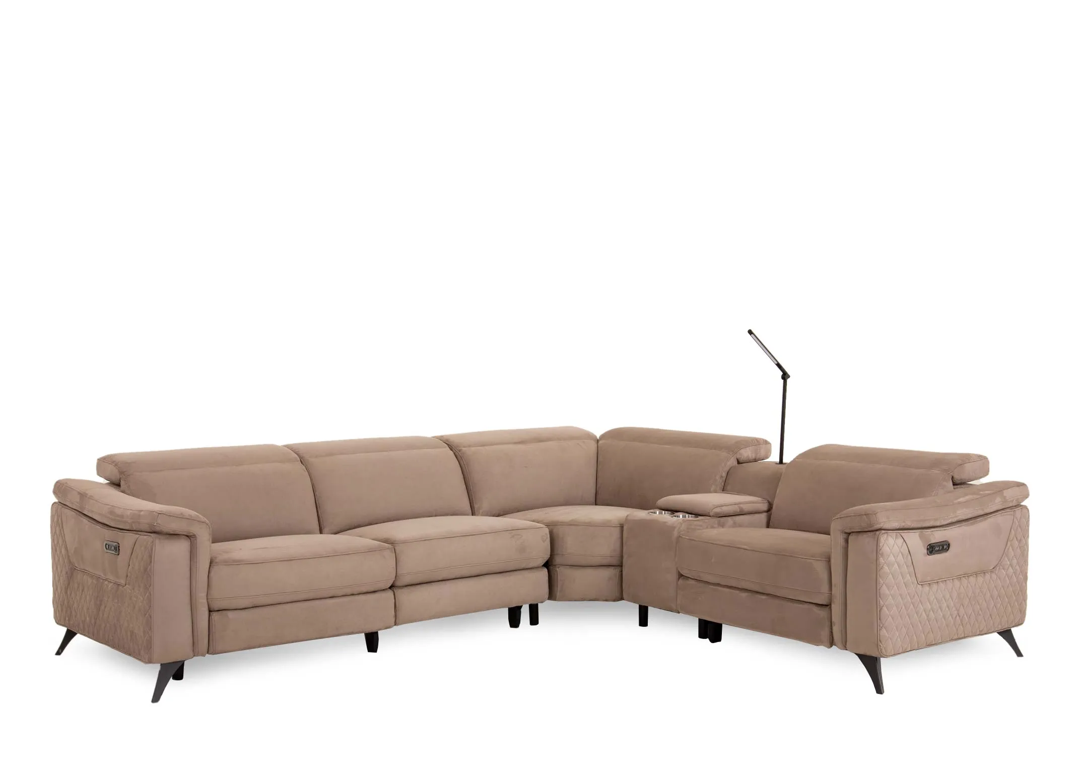A grey fabric power reclining corner sofa from EZ Livings Bellissino range. Angled view of the sofa fxed with overhead light.