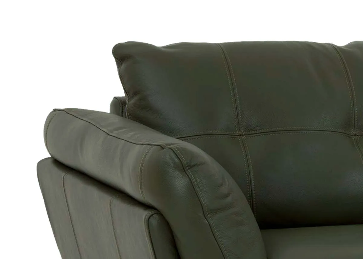 A 2 seater green leather sofa from EZ Livings Toscana range. Closeup of soft leather finish.