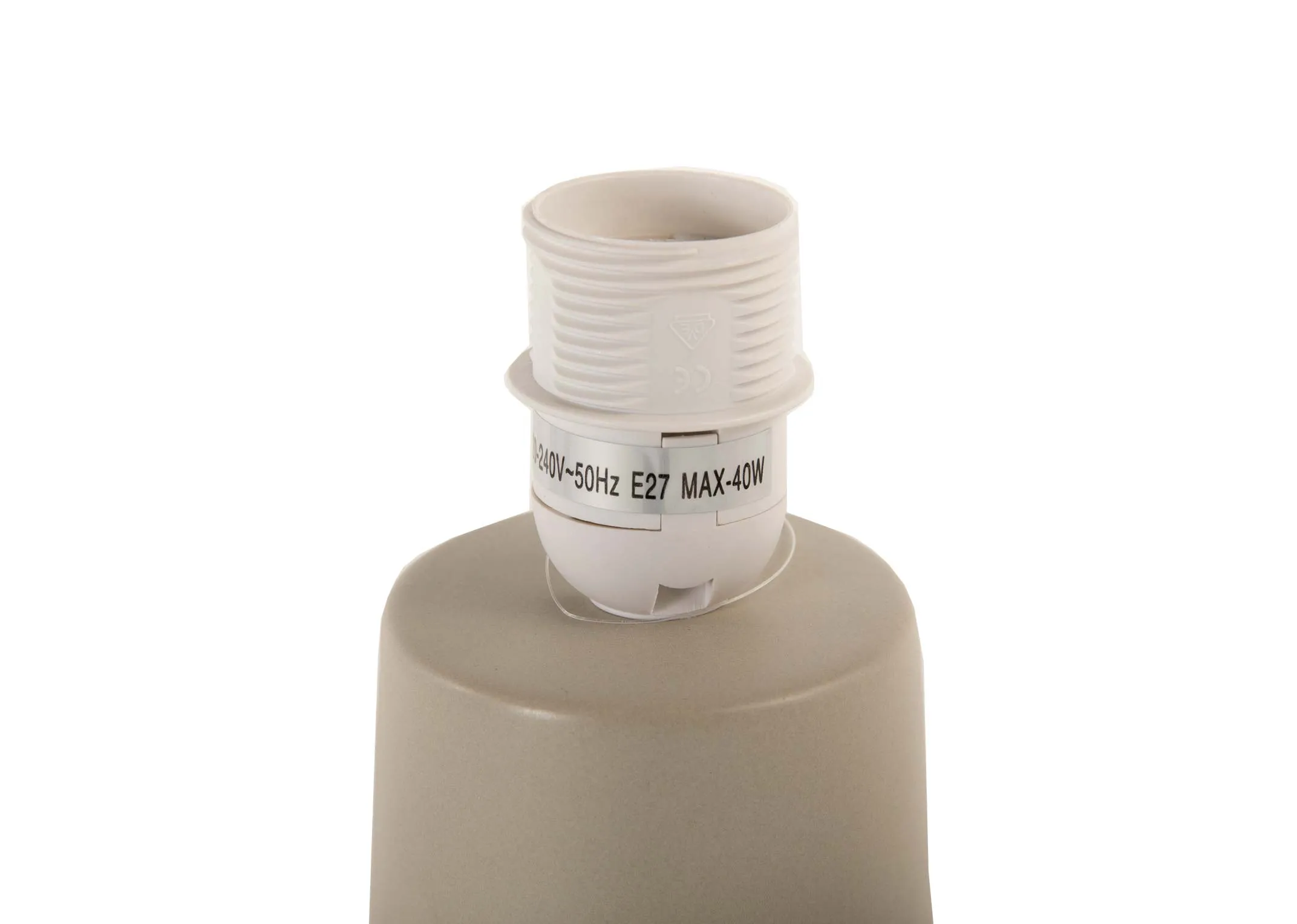 A taupe table lamp with cermaic base and beige shade from EZ Livings Daisy lamp.A taupe table lamp with cermaic base and beige shade from EZ Livings Daisy lamp.