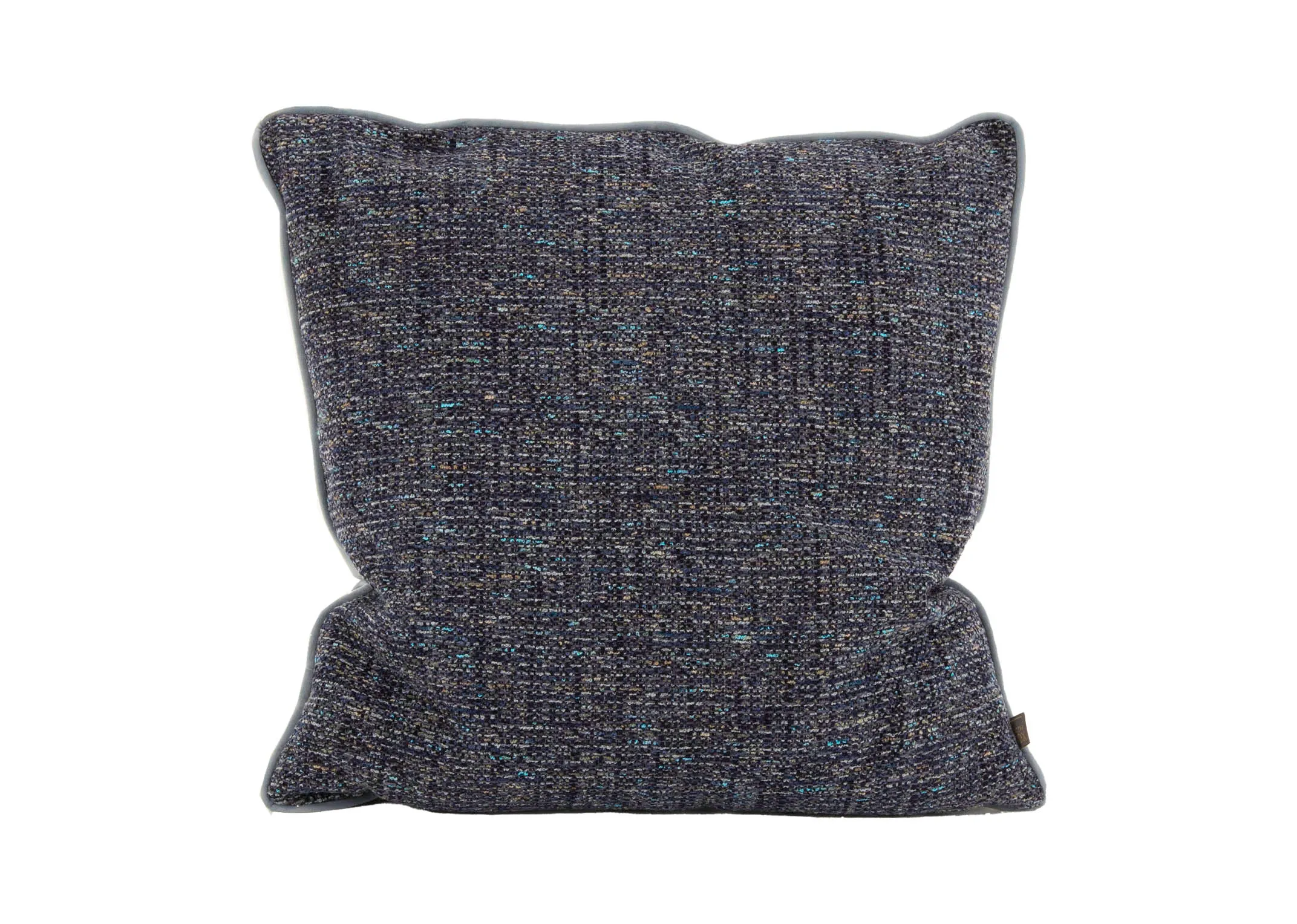 A navy blue cushion with accents of teal and yellow from EZ Livings Beckett Cushion range. Front view