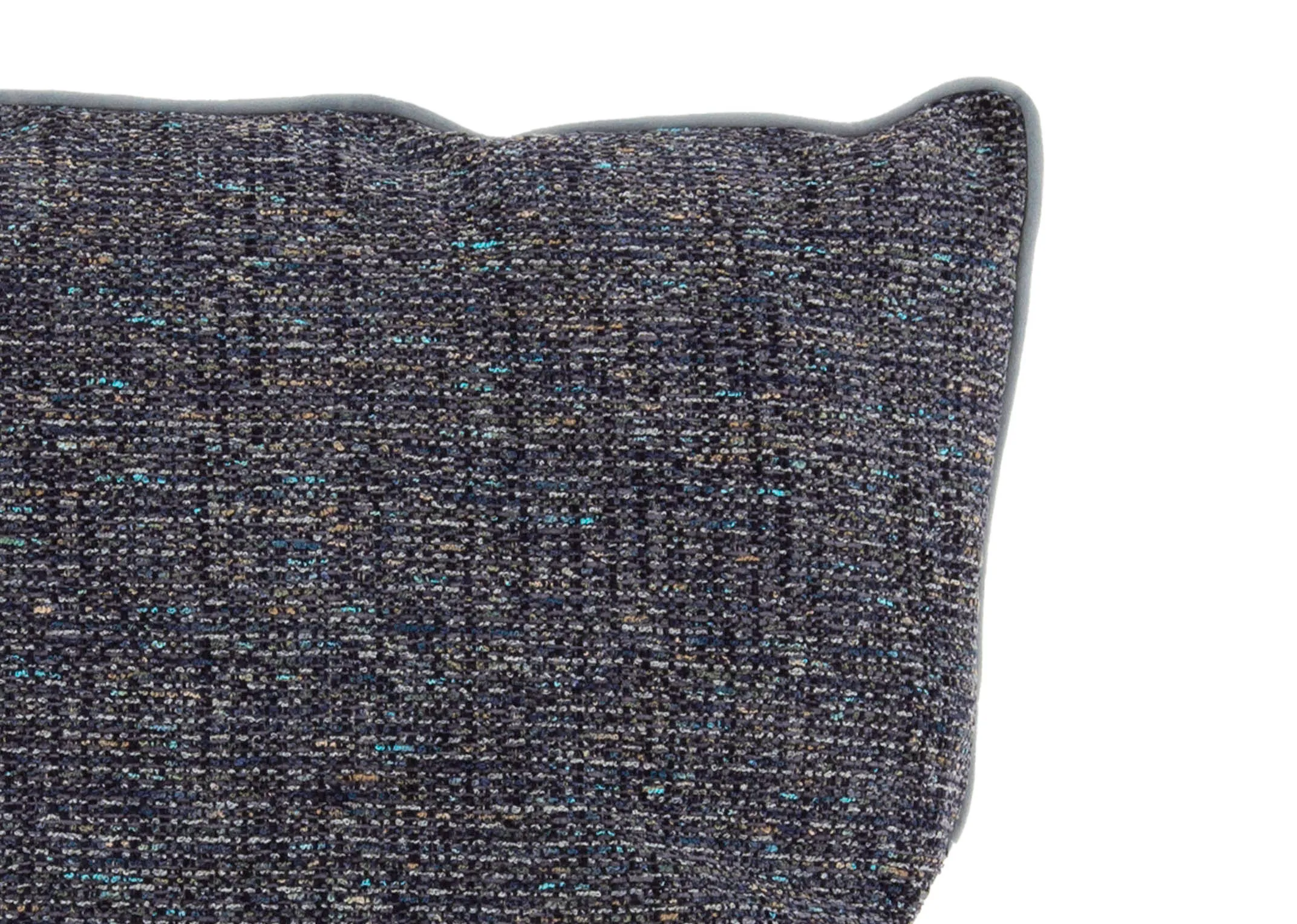 A navy blue cushion with accents of teal and yellow from EZ Livings Beckett Cushion range. Closeup of accents detail