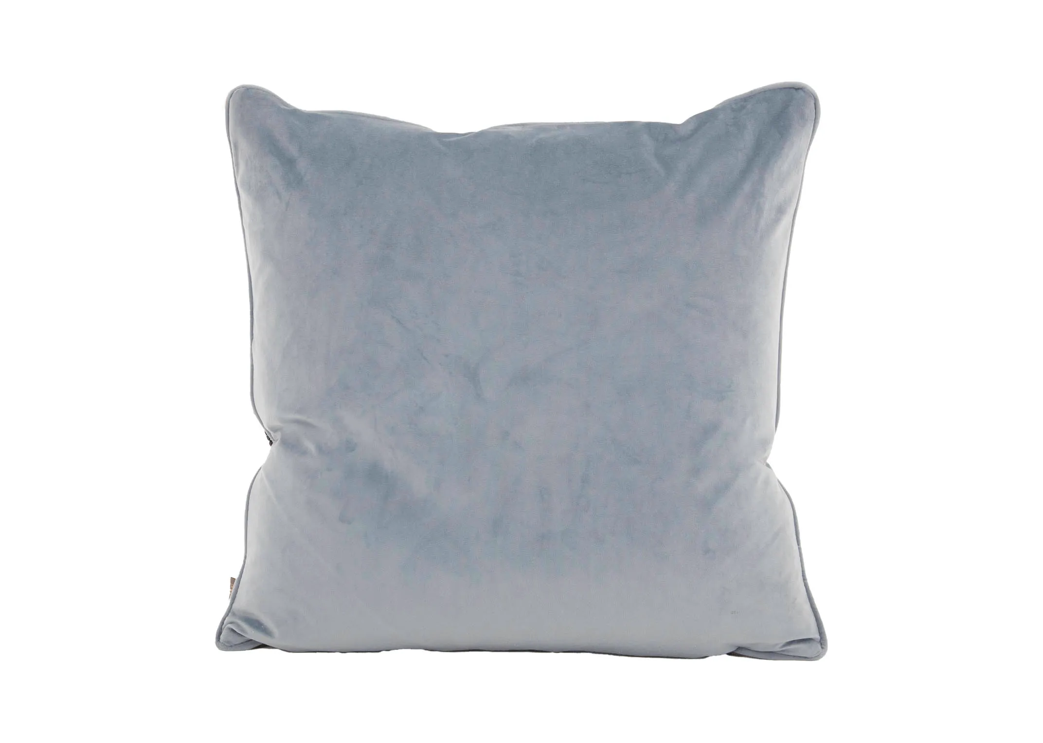 A navy blue cushion with accents of teal and yellow from EZ Livings Beckett Cushion range. Back view shows a light blue plain velvet material