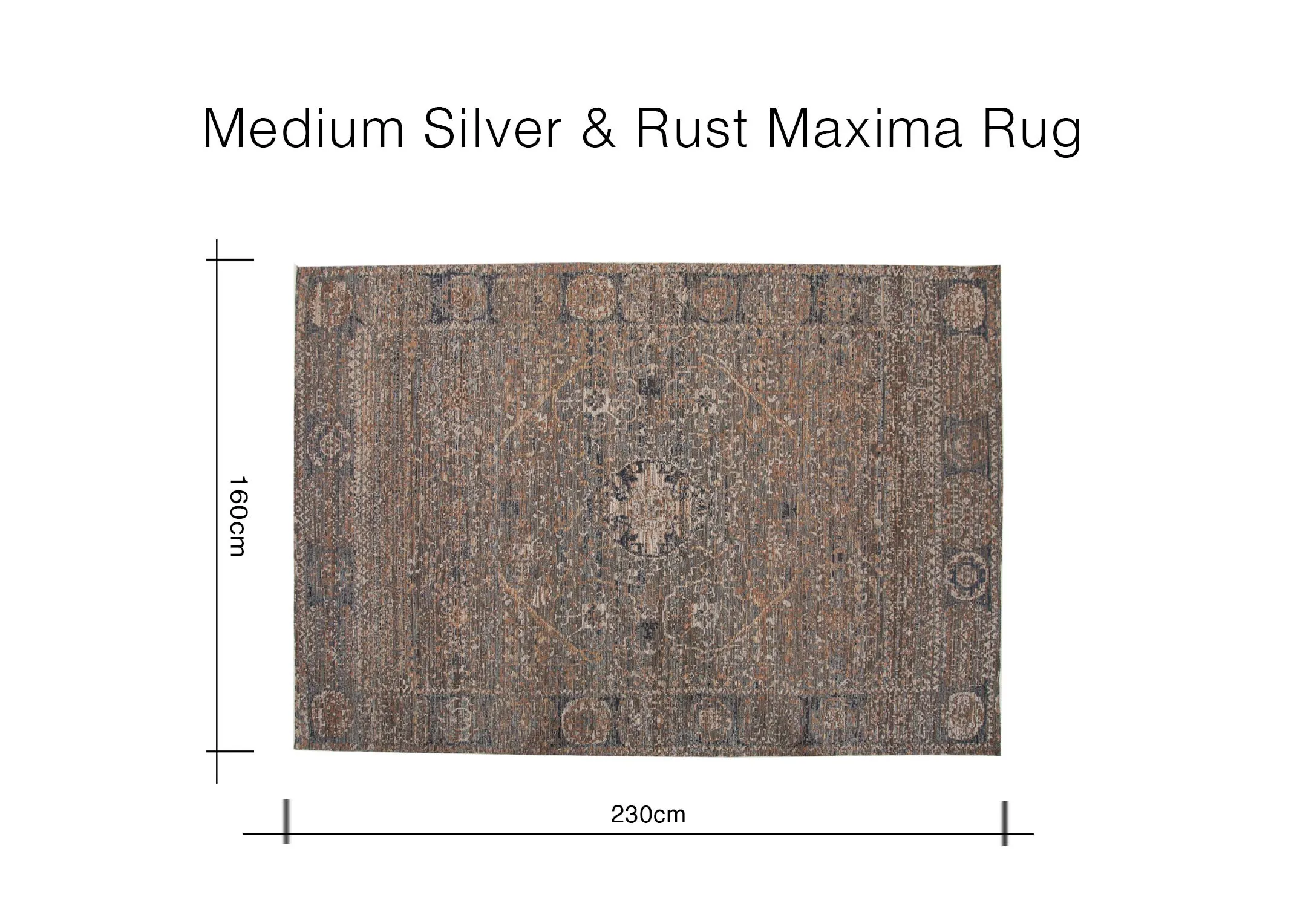A dimension image of the Maxima Snilver & Rust rug with 230cm x 160cm