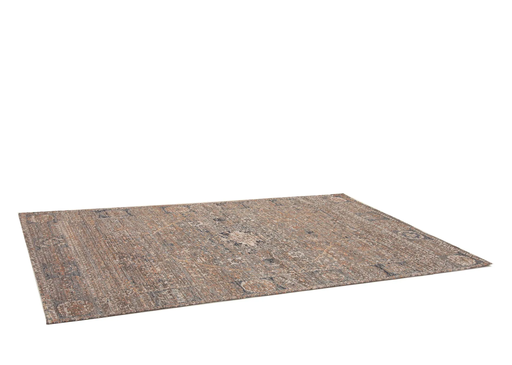 A rust grey & silver print rug from EZ Livings Maxima range. Angled view