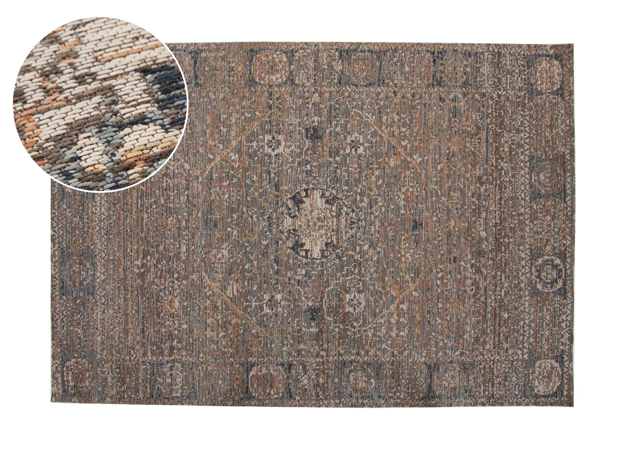 A rust grey & silver print rug from EZ Livings Maxima range. Front view of persian inspired print.