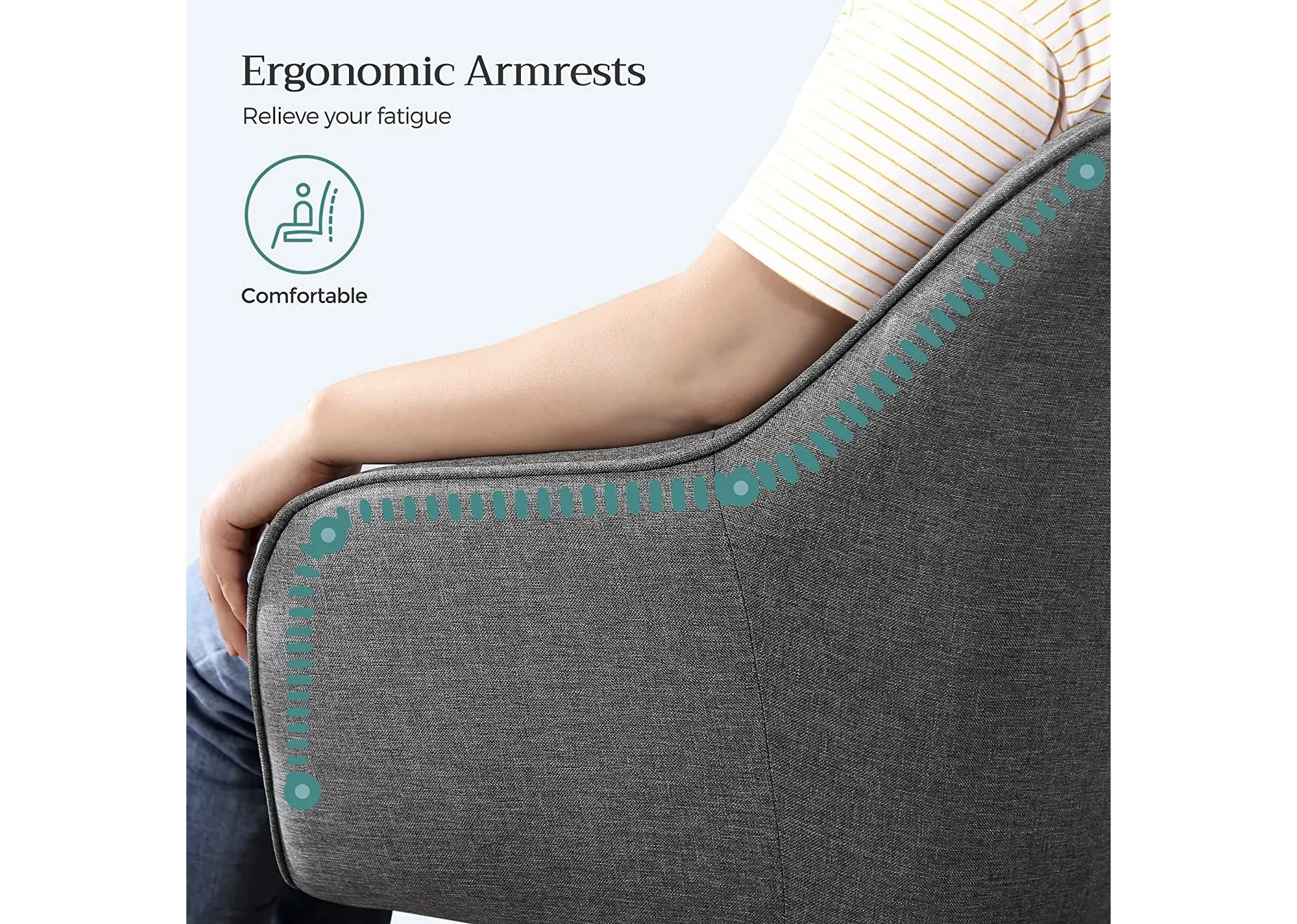 A grey fabric swivel office chair from EZ Livings Brooker range. Closeup of ergonomic armrest