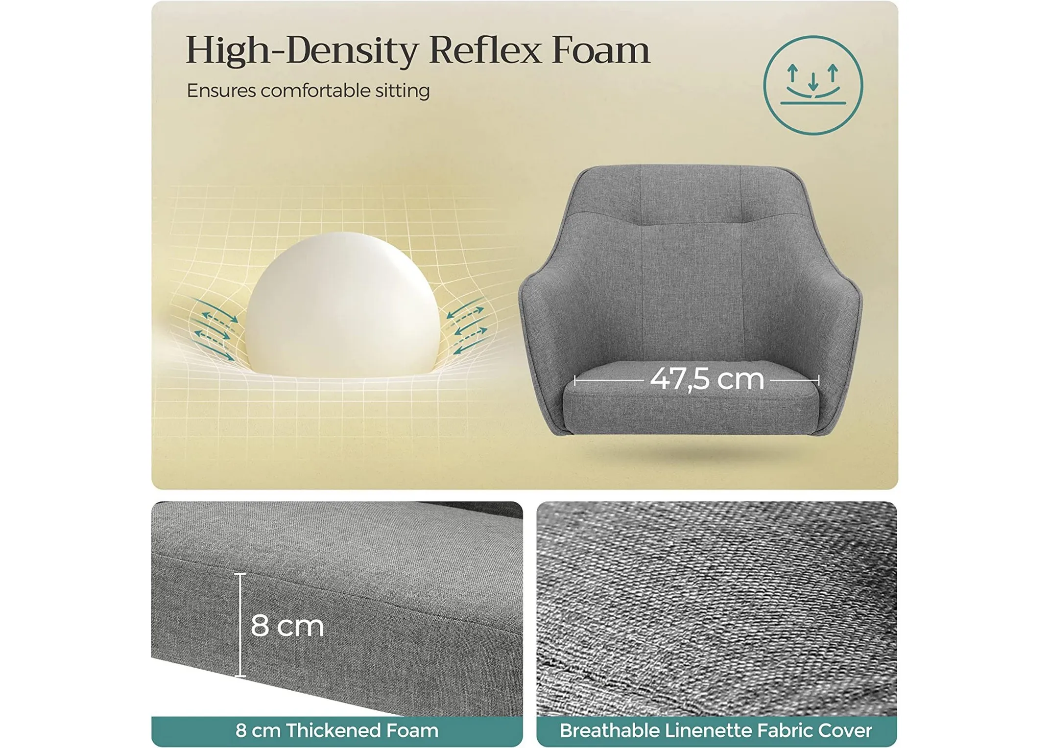 A grey fabric swivel office chair from EZ Livings Brooker range.  Constains high density refle foam in the seat