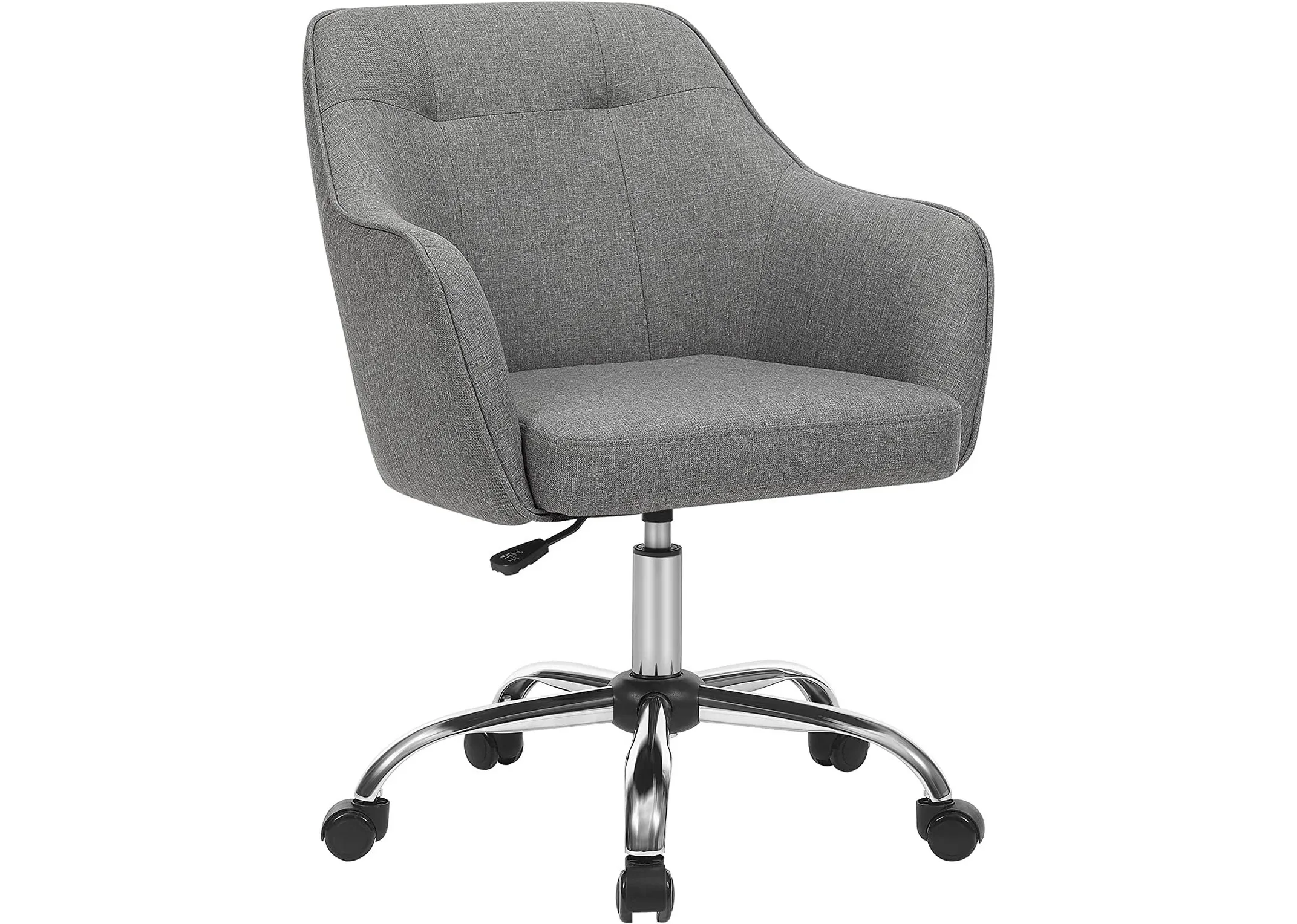 A grey fabric swivel office chair from EZ Livings Brooker range.  Angled view of tufted seat back