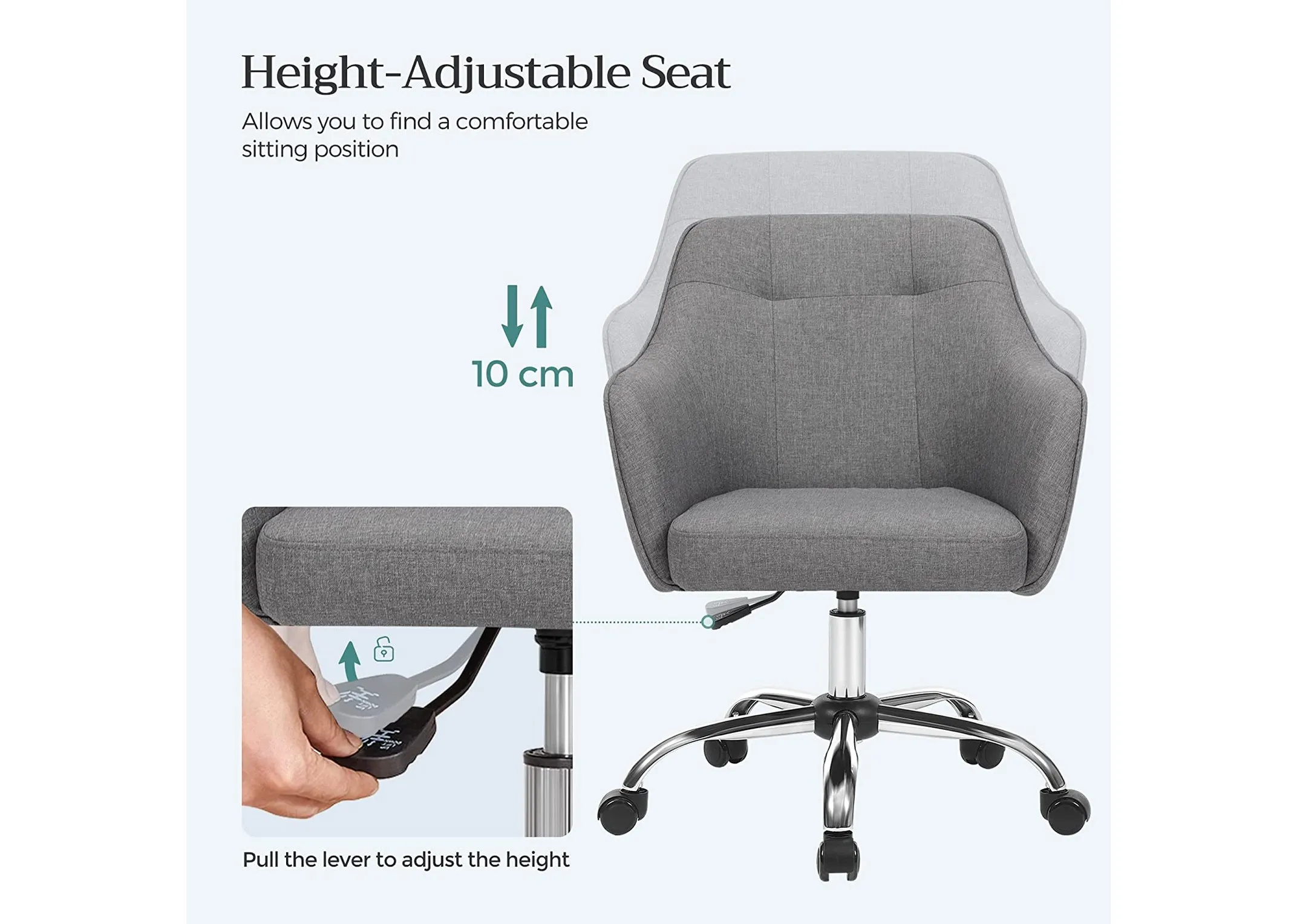 A grey afbric swivel office chair from EZ Livings Brooker range. Closeup details of neight adjustable seat