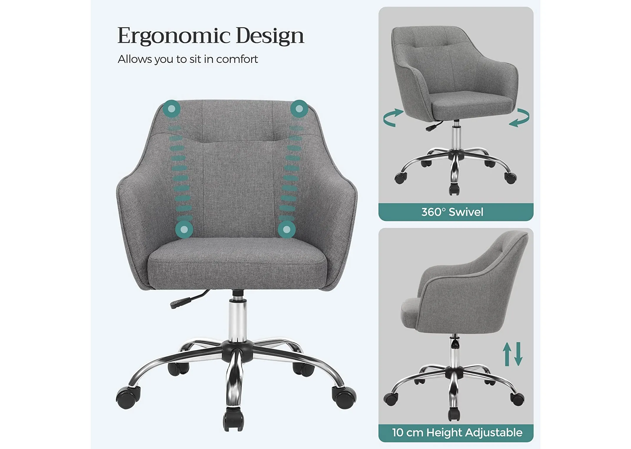 A grey afbric swivel office chair from EZ Livings Brooker range. Closeup detail of ergonomic seat & swivel