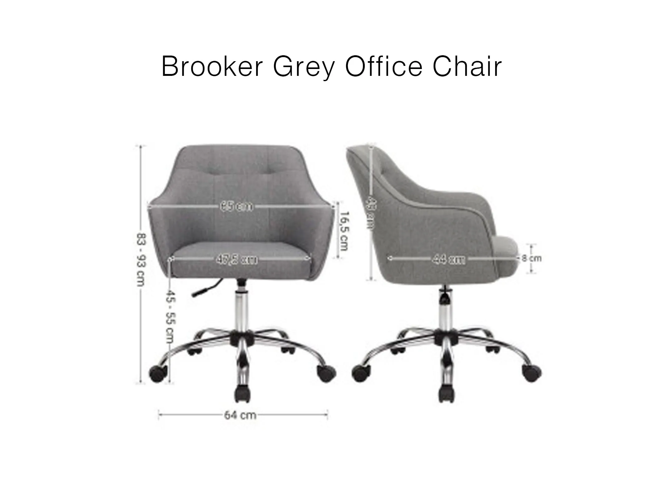 A dimension image of the Brooker Chair with 64cm x 84cm H x 44cm D