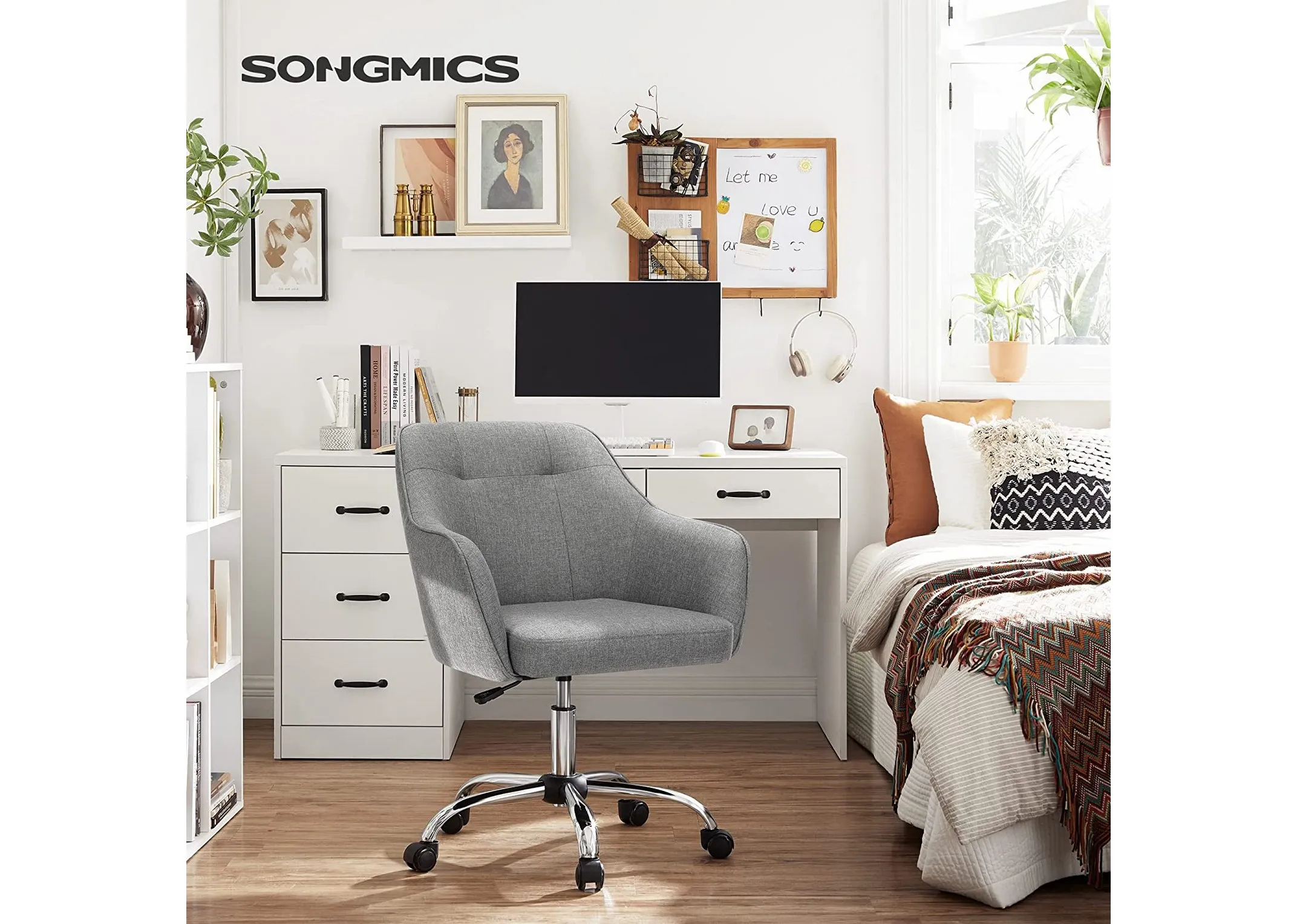 A lifestyle image of the Brooker Office Cahir with a white desk in a bedroom setting