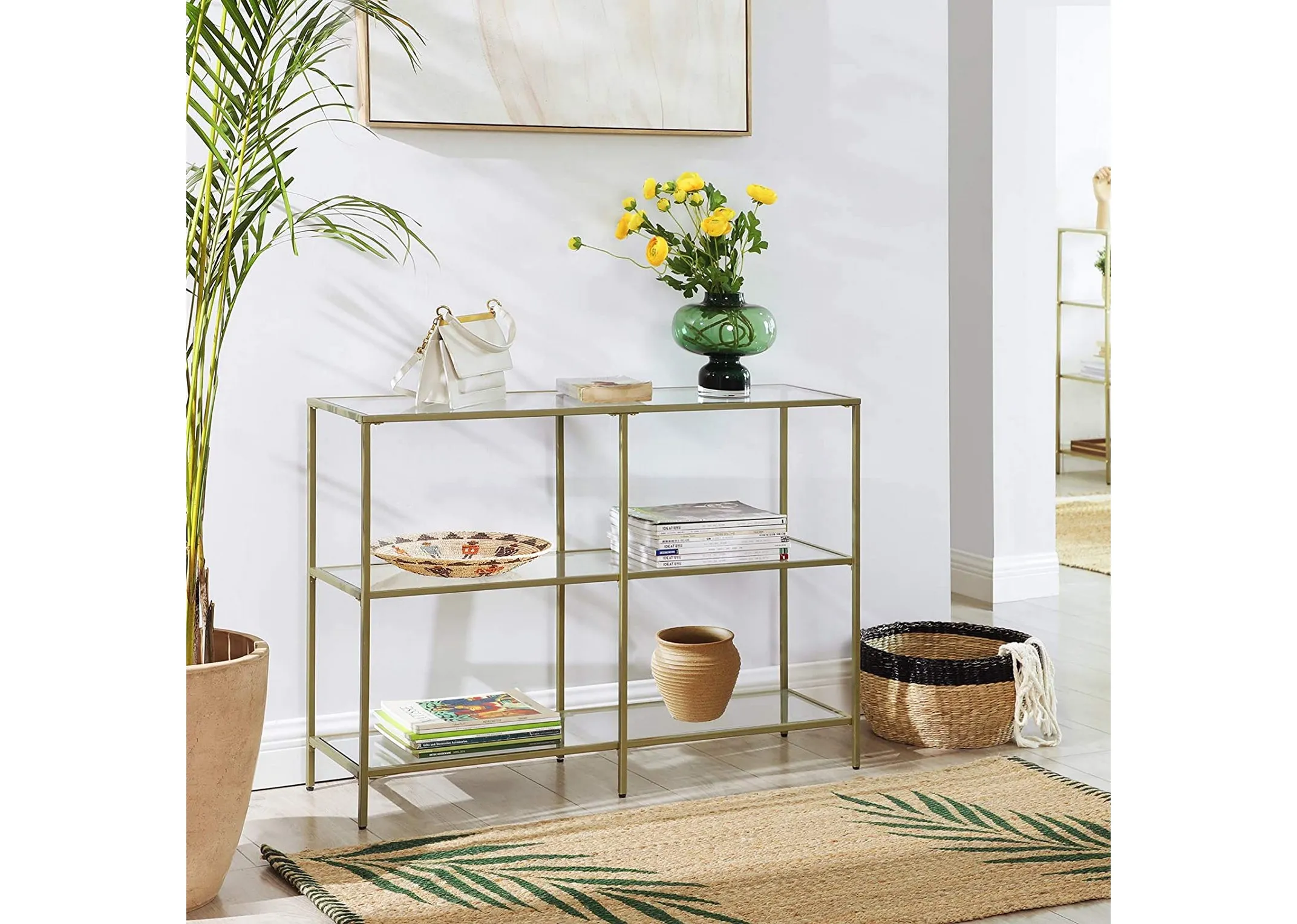 A lifetsyle image of the Zafon storage rack in use in a hallway with bowls