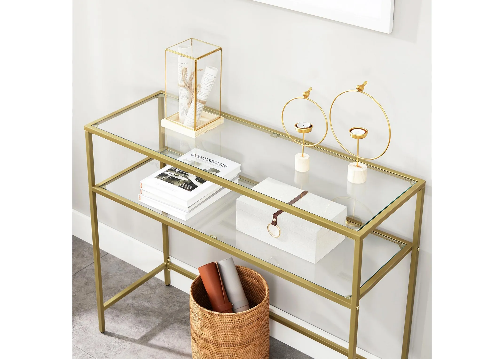 A closeup image of the Zafon Console table leg with adjustable feet