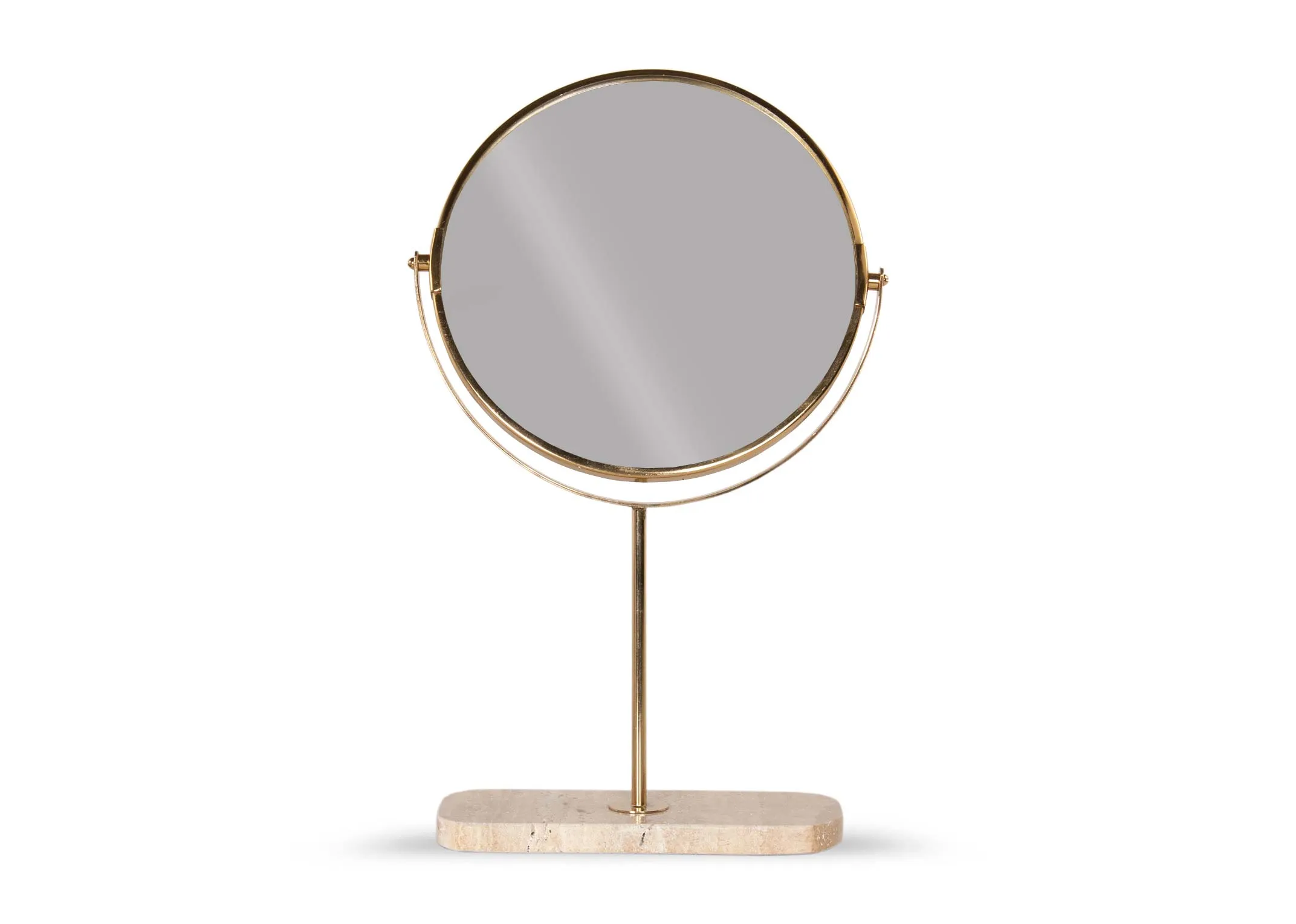 A gold small adjustable mirror on a creamy beige marble stand from EZ Livings Riesco range.
