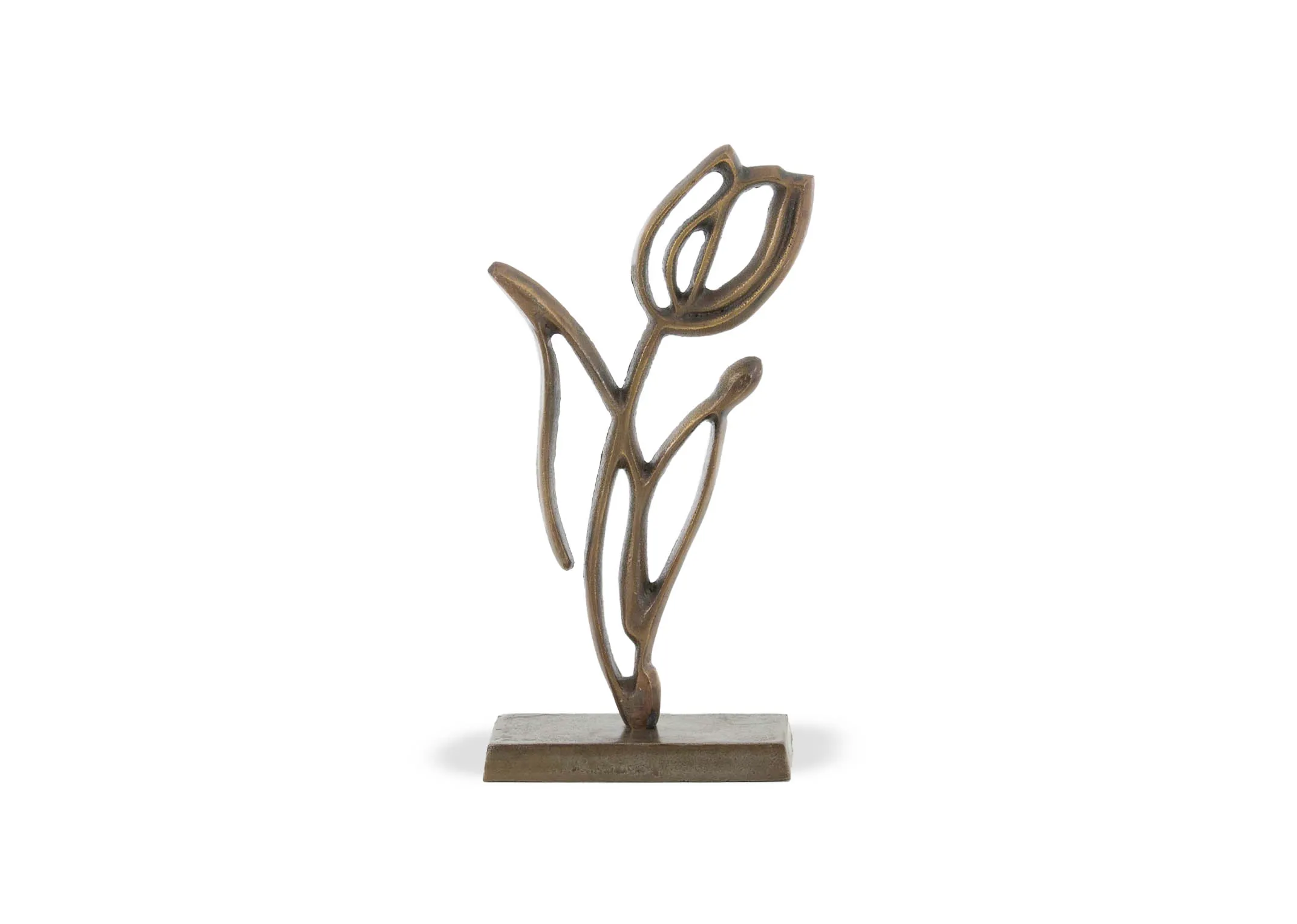 An antique bronze ornament of a tulip outline on a base from EZ Livings Tulipanu range. Angled view of abstract flower.
