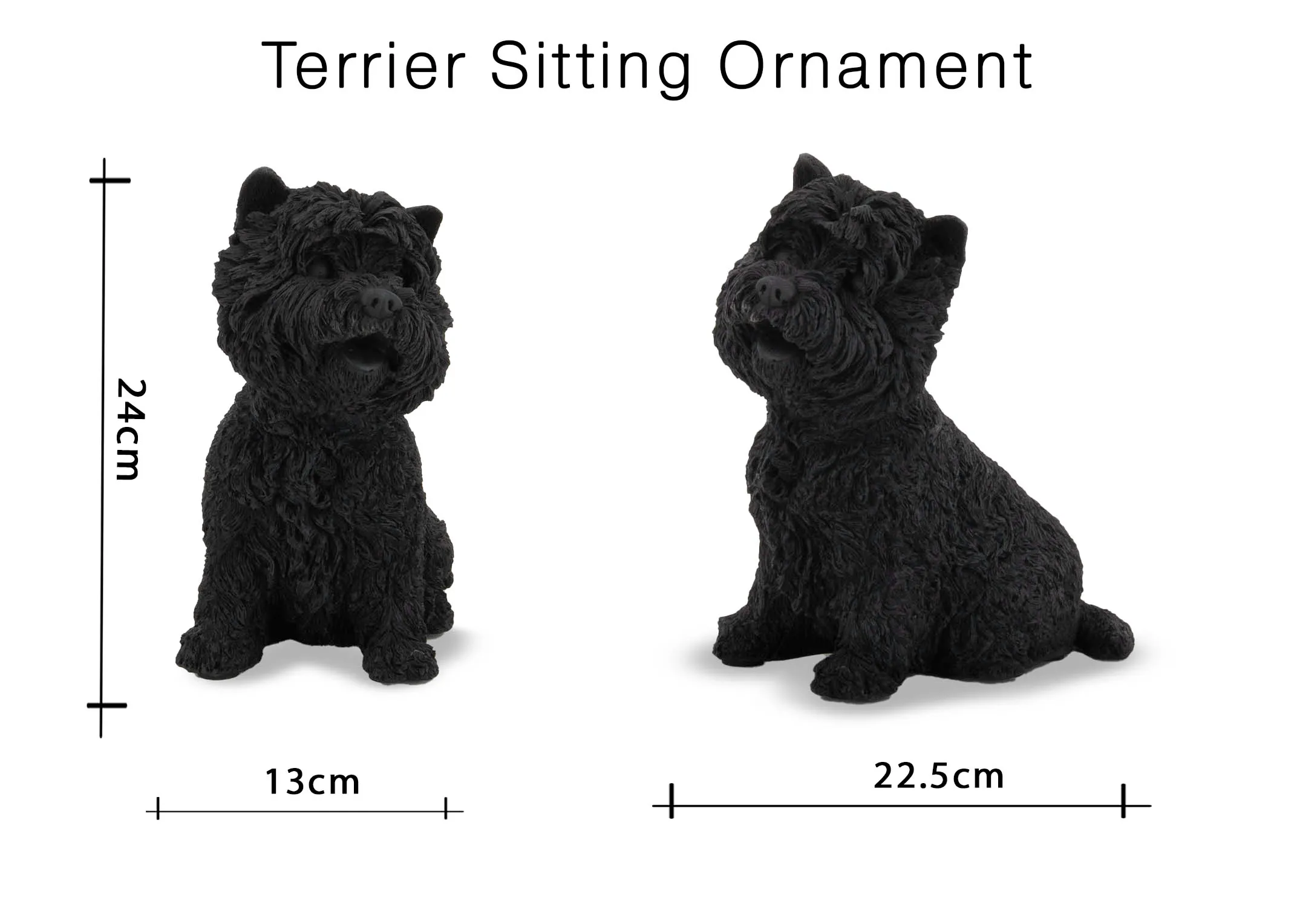 A dimension image of the Terrier Sitting Ornament with 22.5cm x 13cm x 24cm