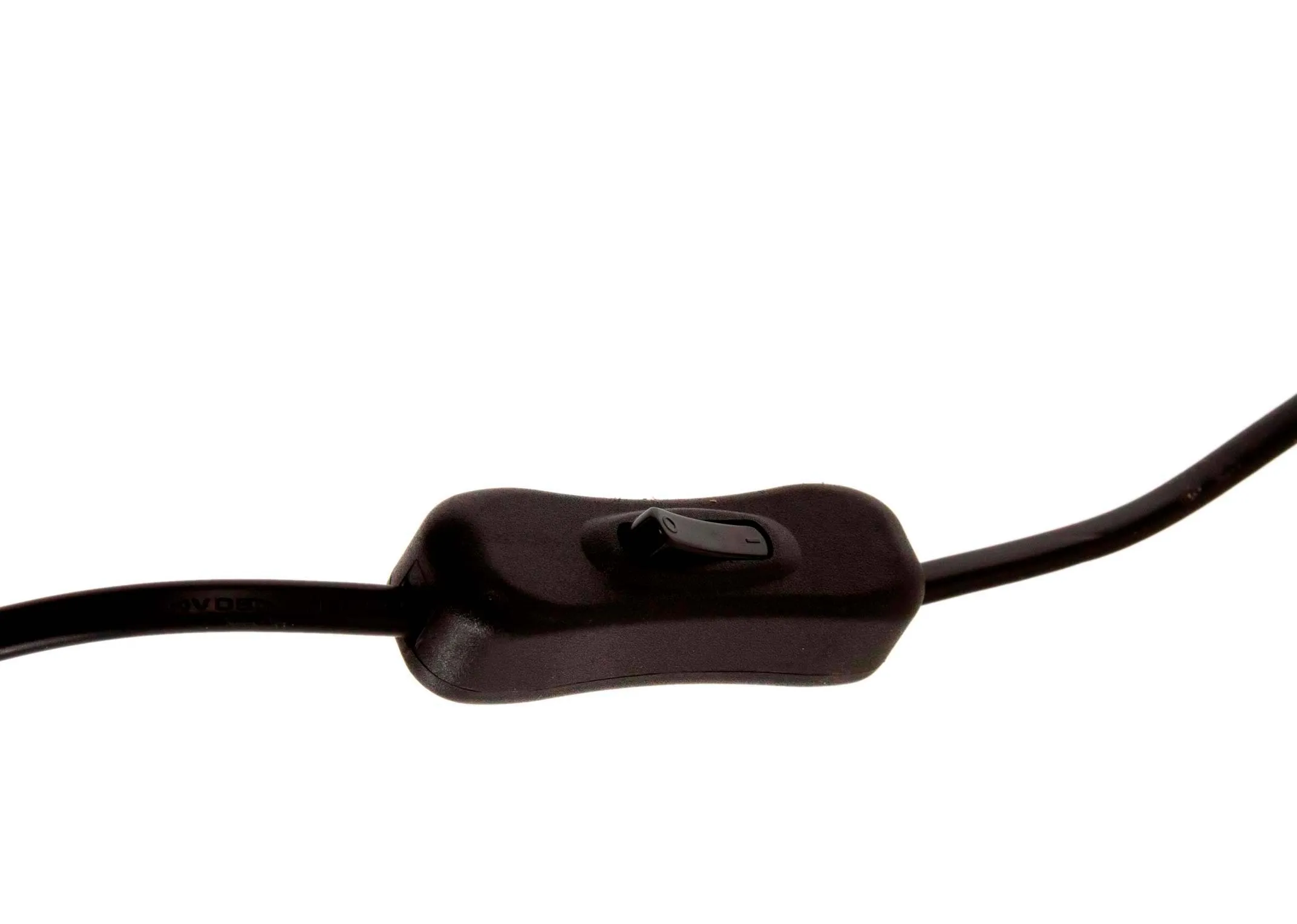 A black metal table lamp with round base and smoked glass shade from EZ Livings Karina range. Closeup of inline cable switch