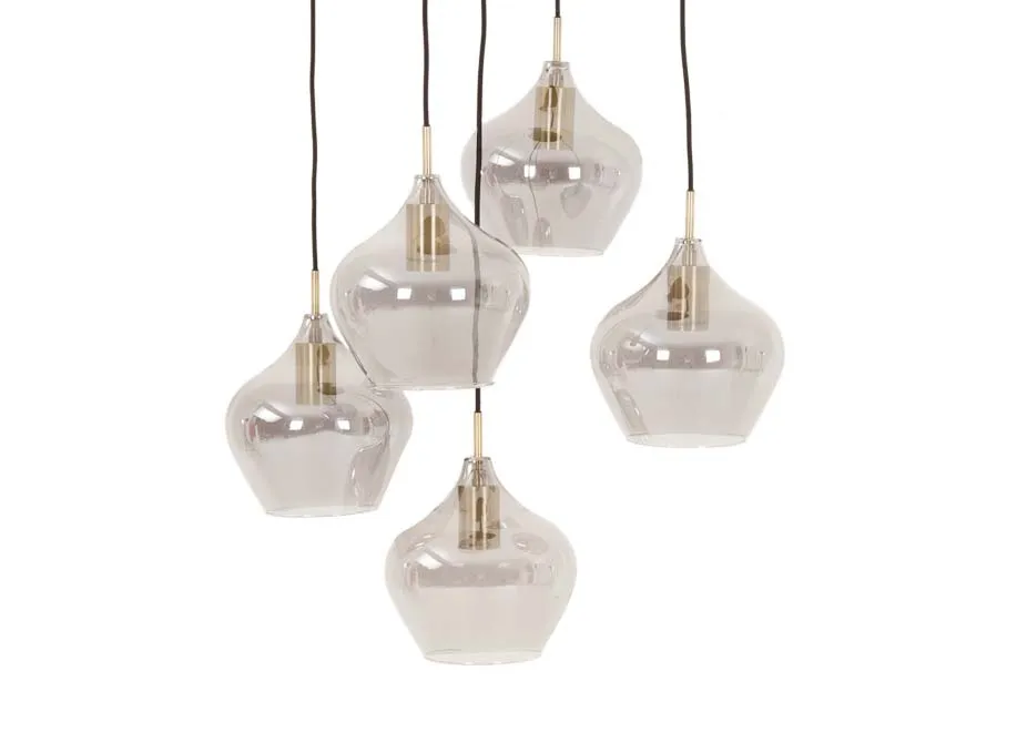 A large plate with 5 smoked glass pendants suspended from EZ Livings Rakel range. Closeup of smoked glass bulb shades