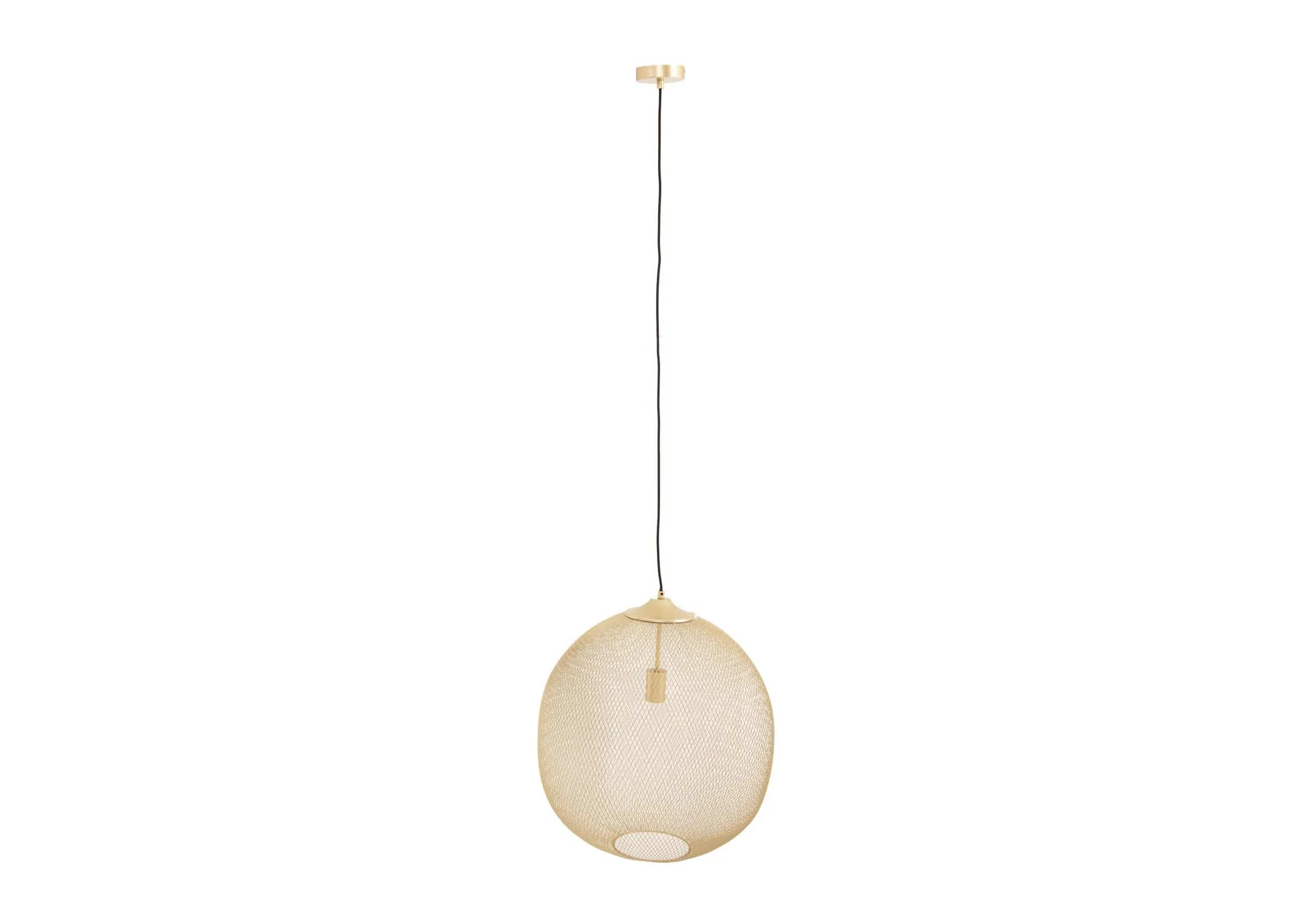 A gold mesh medium Hanging pendant lamp from EZ Livings Moroc range. Front view of long cable.