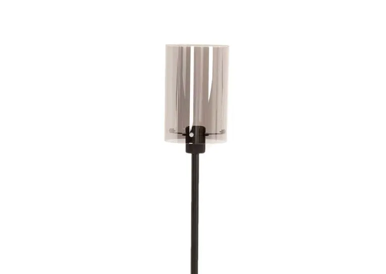 A black metal floor lamp with smoked grey glass shade from EZ Livings Leanne range. Closeup of shade