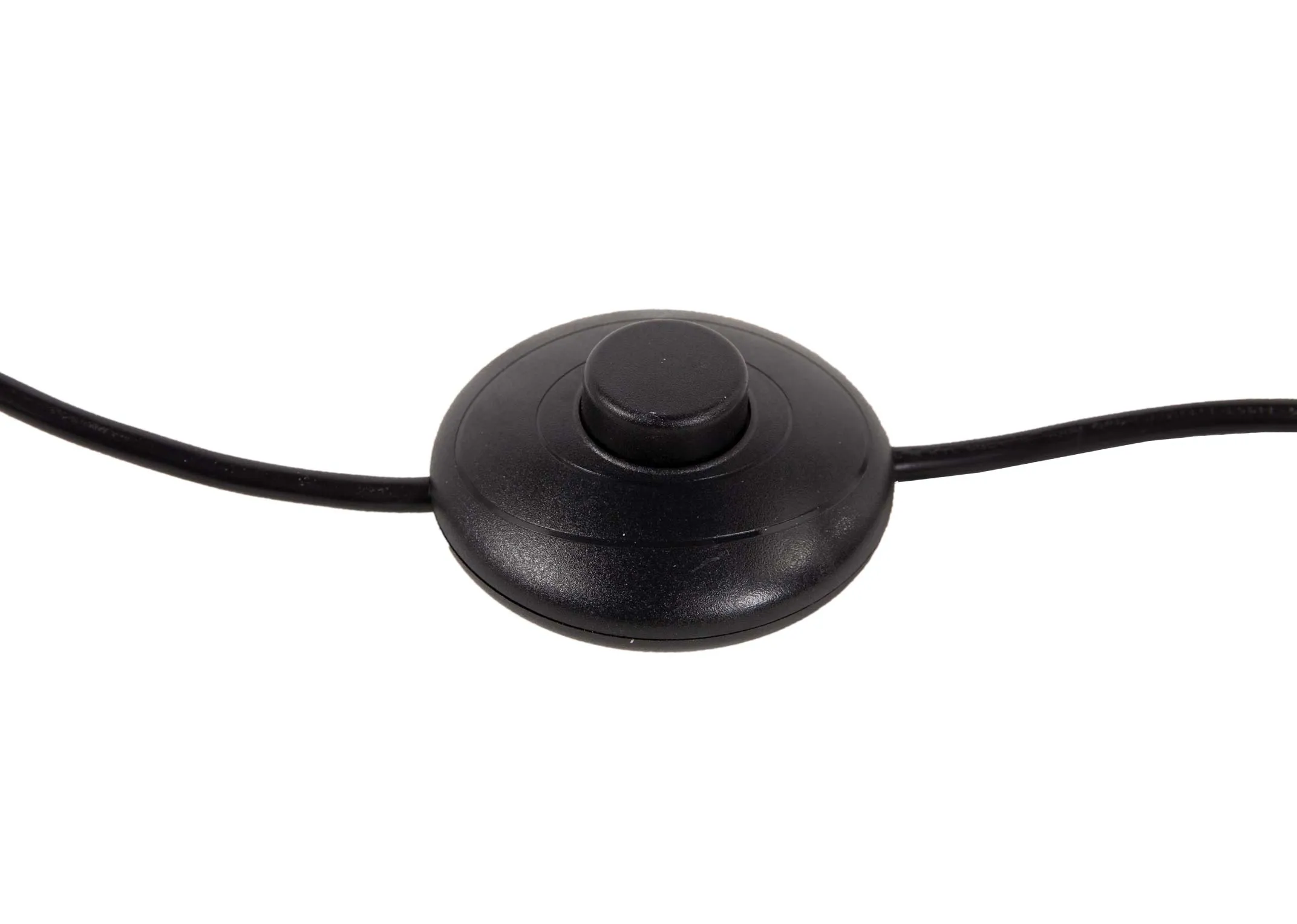 A black metal floor lamp with smoked grey glass shade from EZ Livings Leanne range.  Closeup of black cable and foor switch