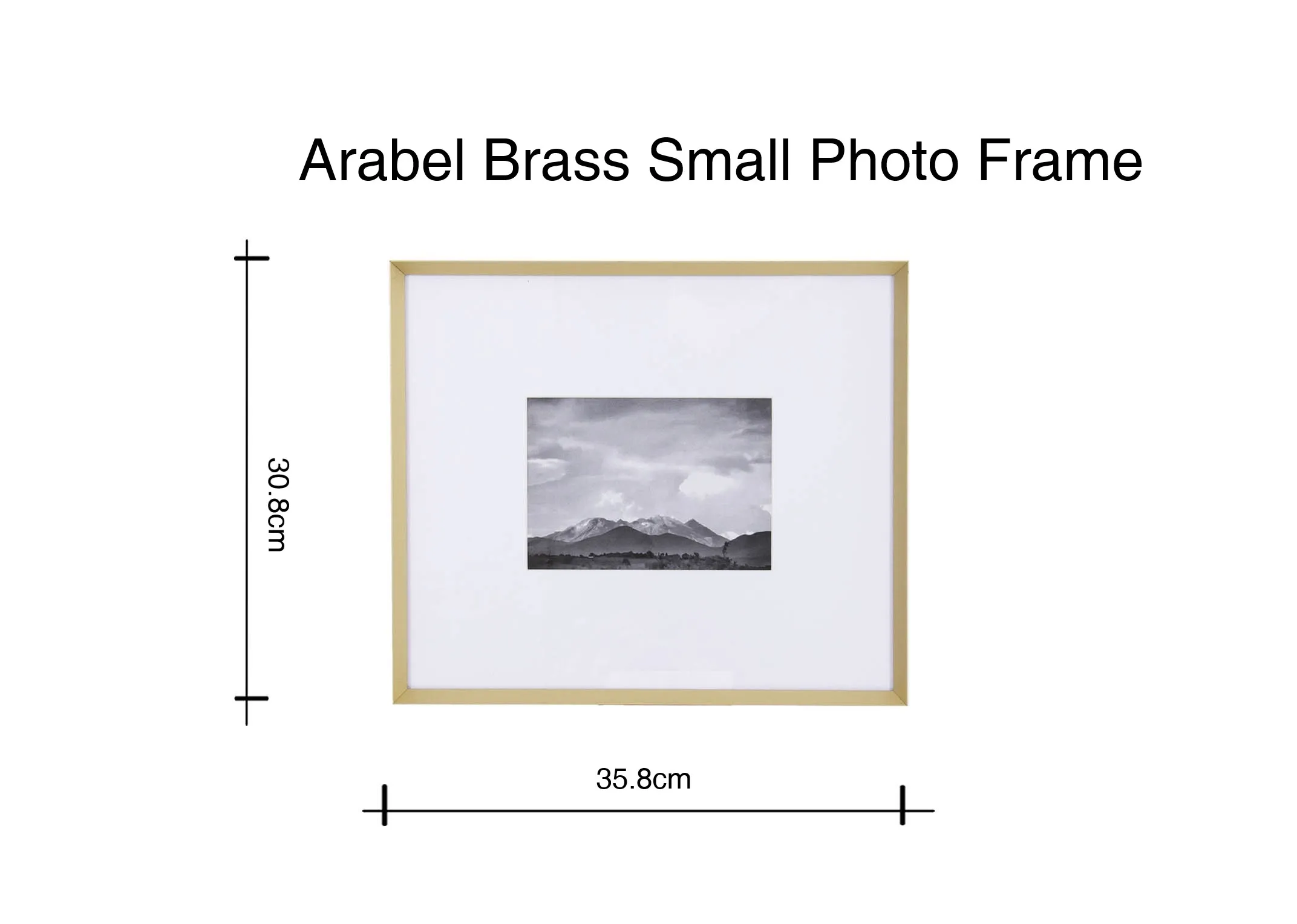 A dimension image of the Arabel small brass frame with 35.8cm x 30.8cm