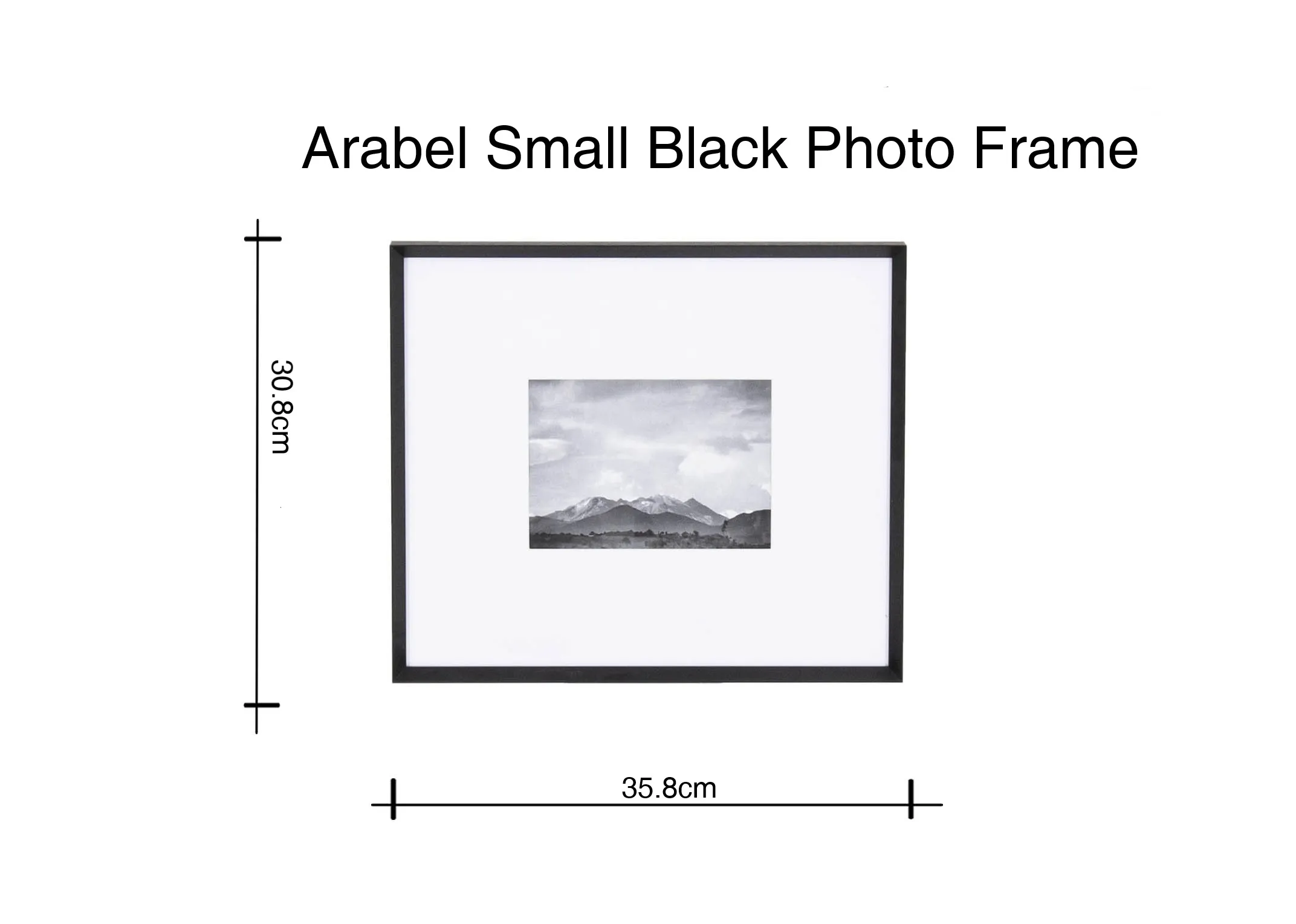 A dimension image for the Small Black Arabel frame with 35.8cm x 30.8cm