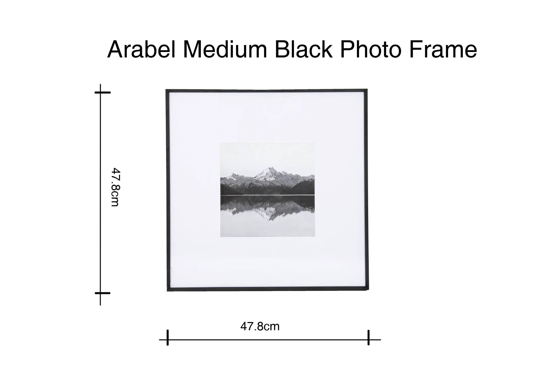 A dimension image of the Arabel medium black photo frame with 47.8cm x 47.8cm