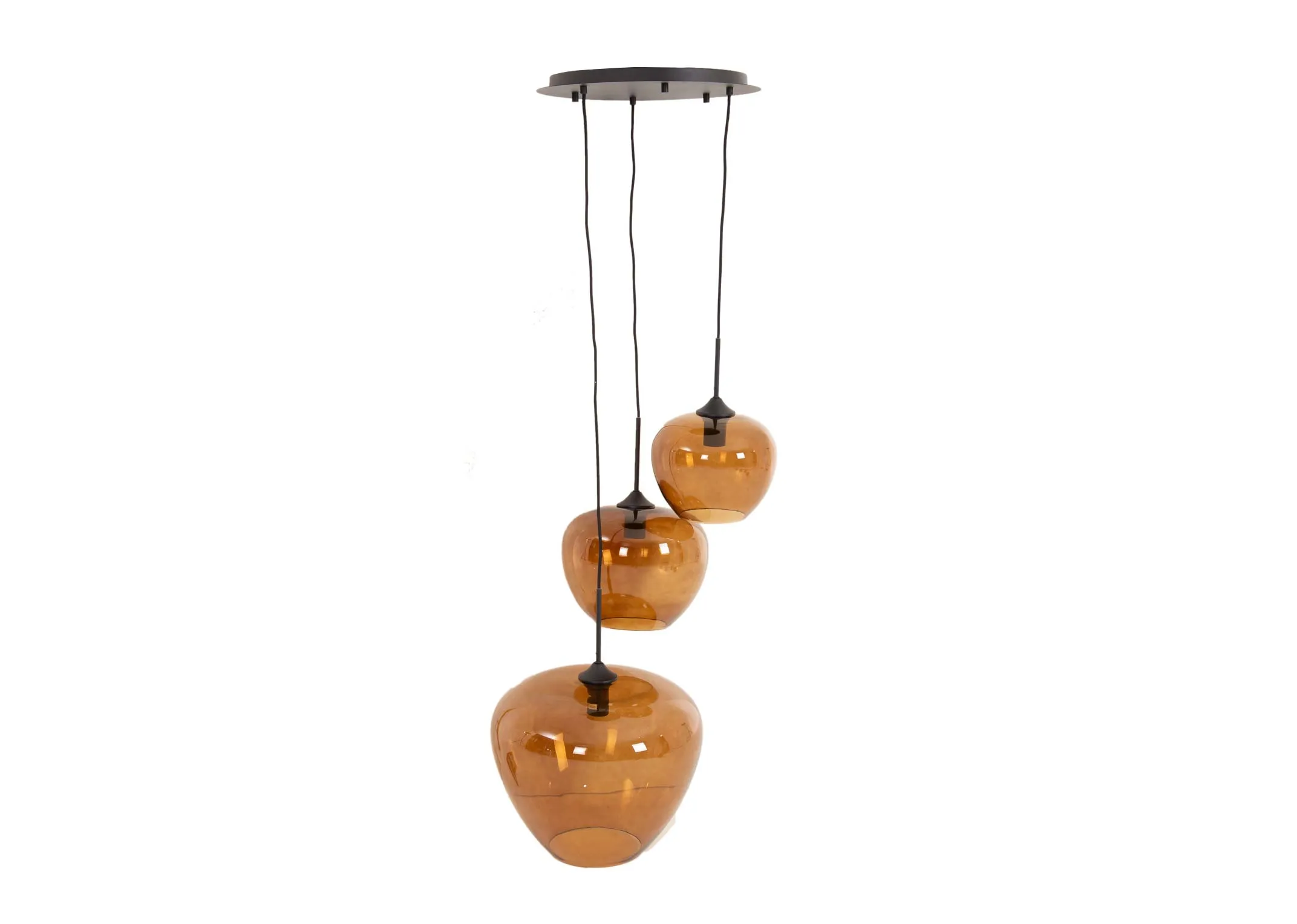 A set of 3 brown glass pendants in small medium and large from EZ Livings Mayson range. Front view of hanging lamps