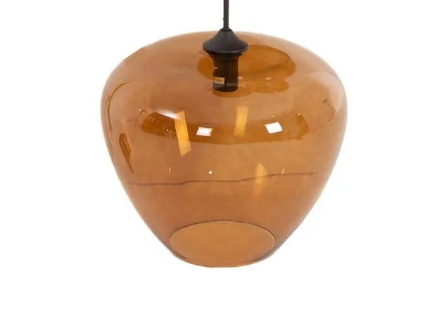 A set of 3 brown glass pendants in small medium and large from EZ Livings Mayson range. Closeup of tinted glass tulip bulb shade