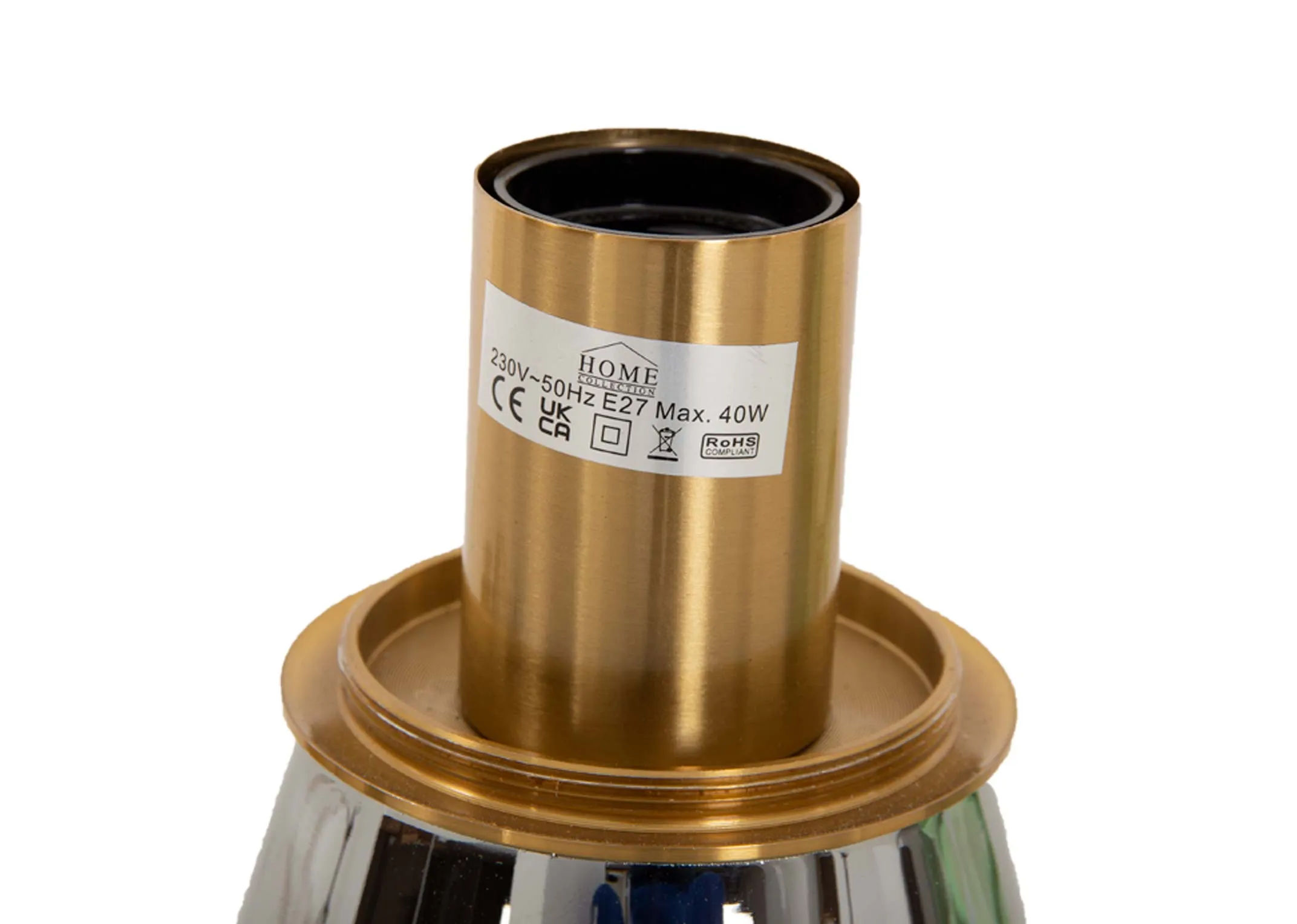 A silver grey glass table lamp with gold trim from EZ Livings Lotta range. Closeup of brass E27 lamp holder