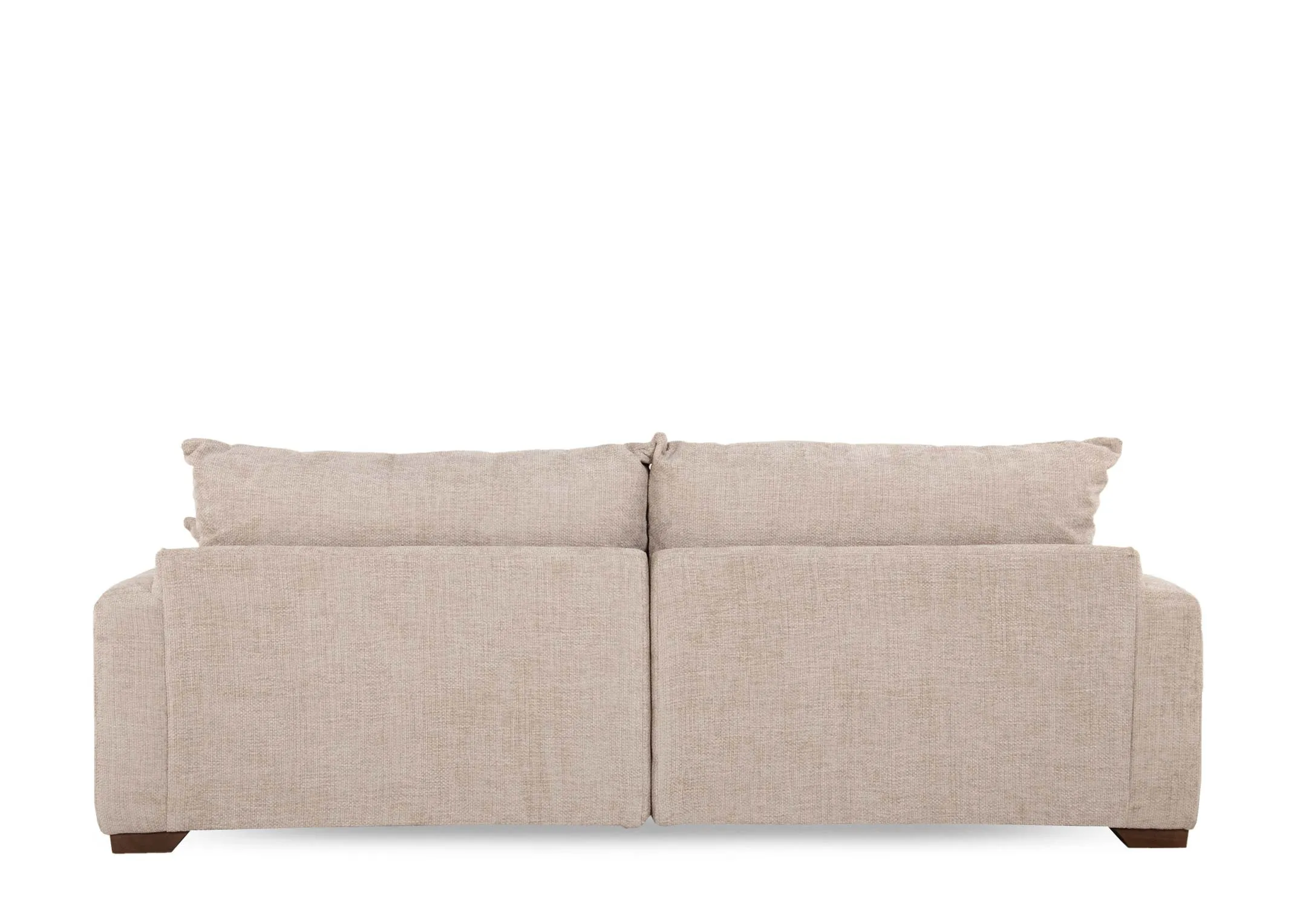 A beige fabric 4 seater sofa from EZ Livings Aurora range. Back view of warrantied frame