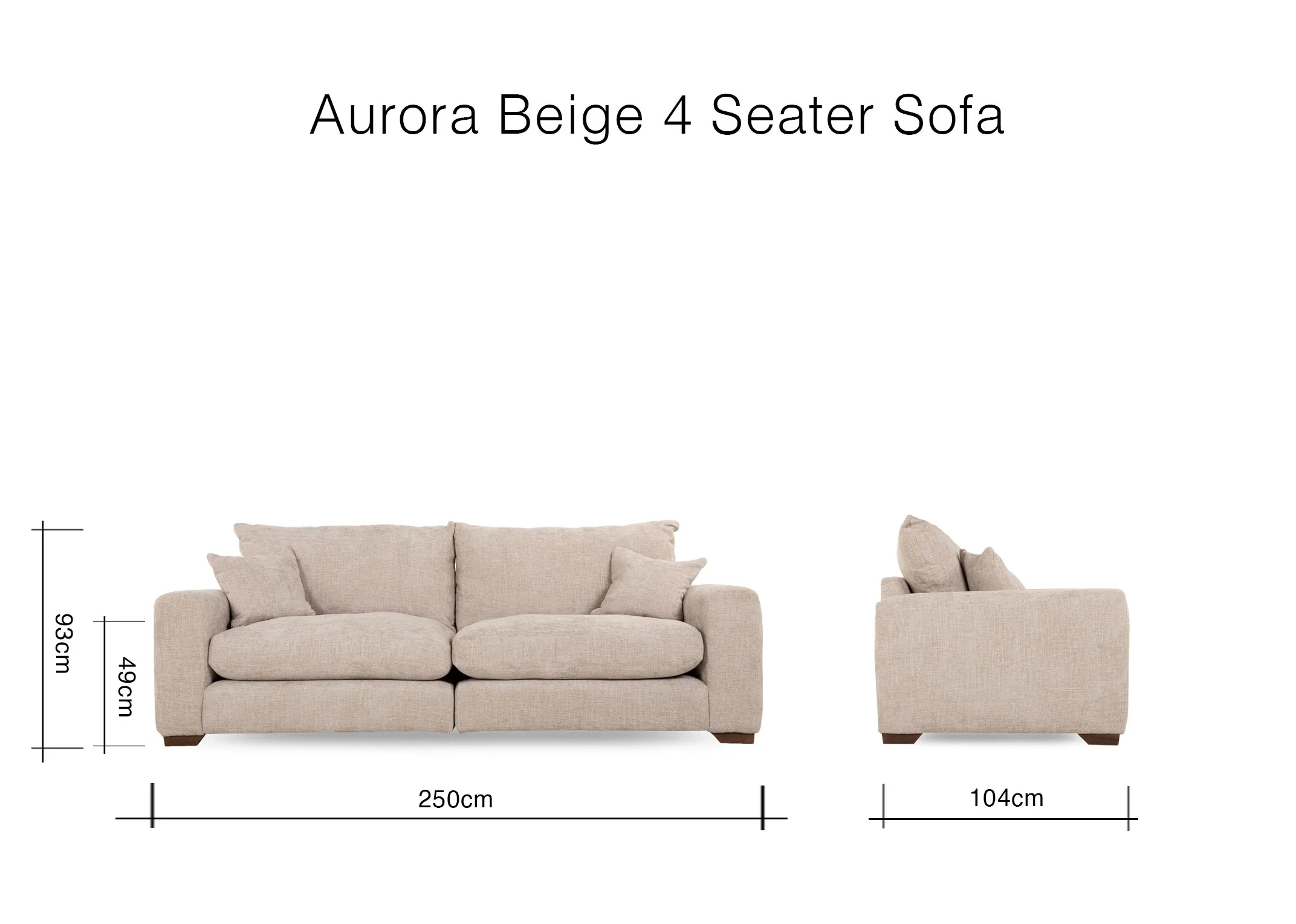 A dimension image of the Aurora Beige 4 Seater sofa with 104cm D x 250cm W x 95cm H