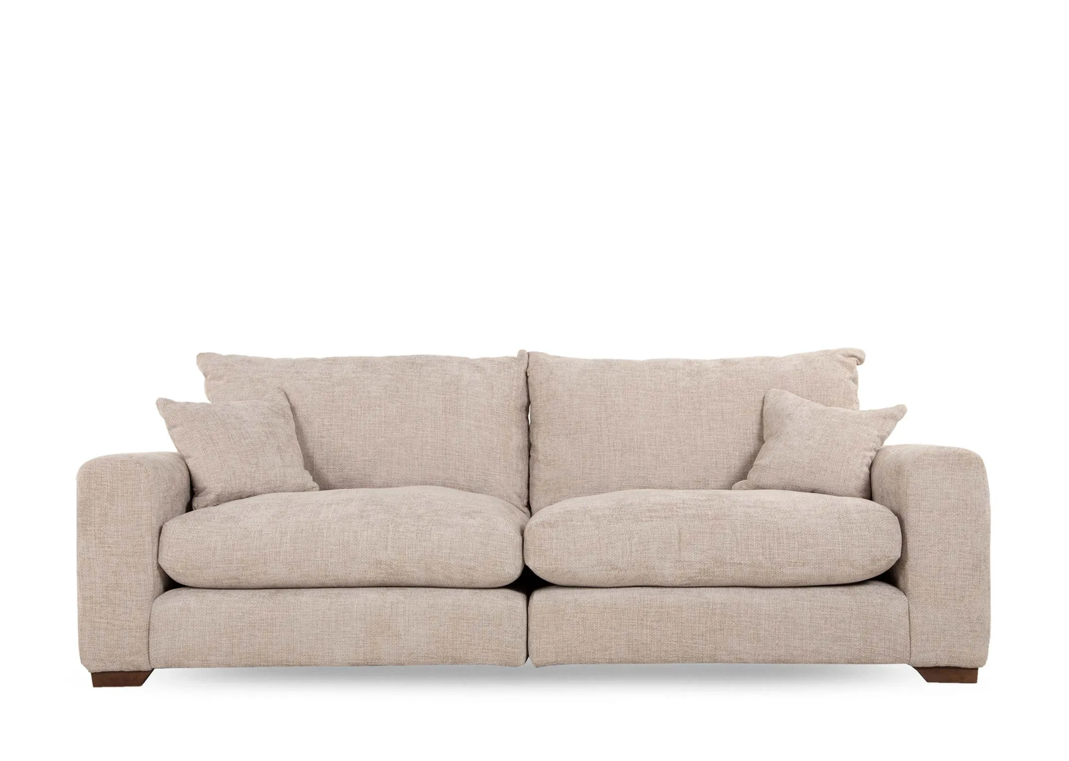 A beige fabric 4 seater sofa from EZ Livings Aurora range. Front view of high back.